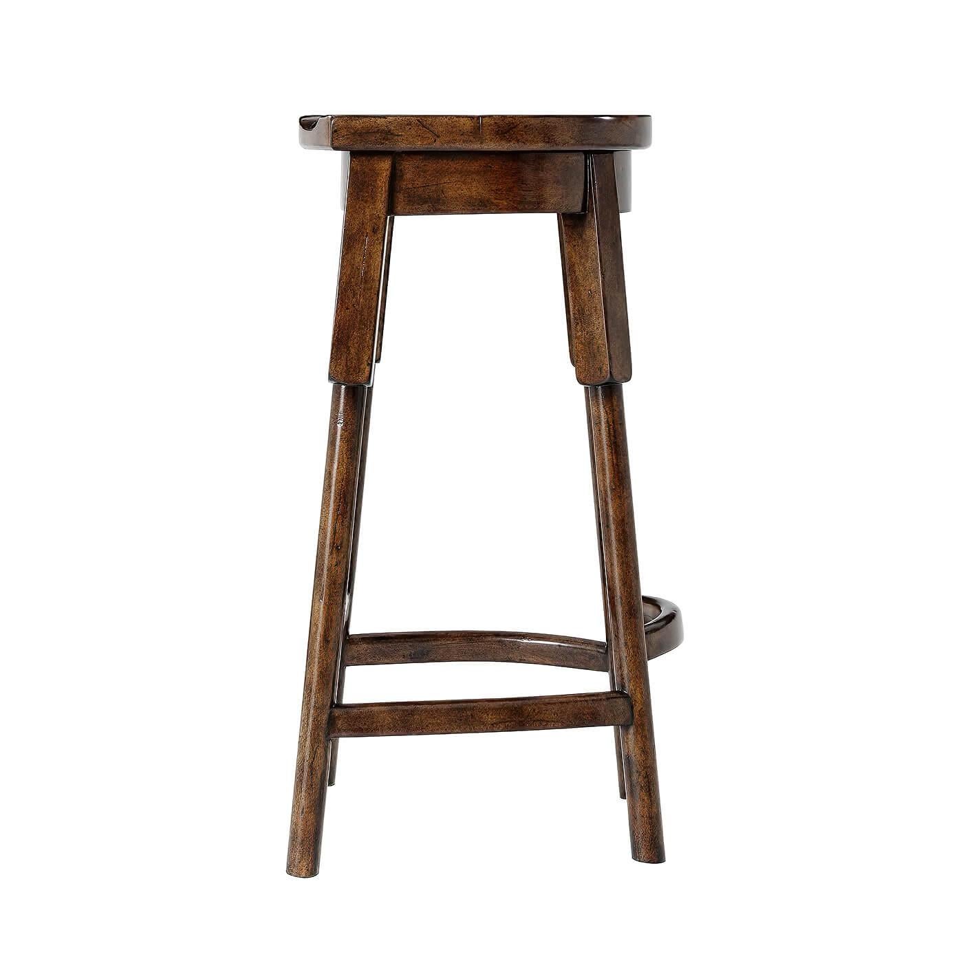 A rustic Byron finish bar stool, the shaped saddle seat above turned legs and stretchers. The original French Provincial.

Dimensions: 18.5