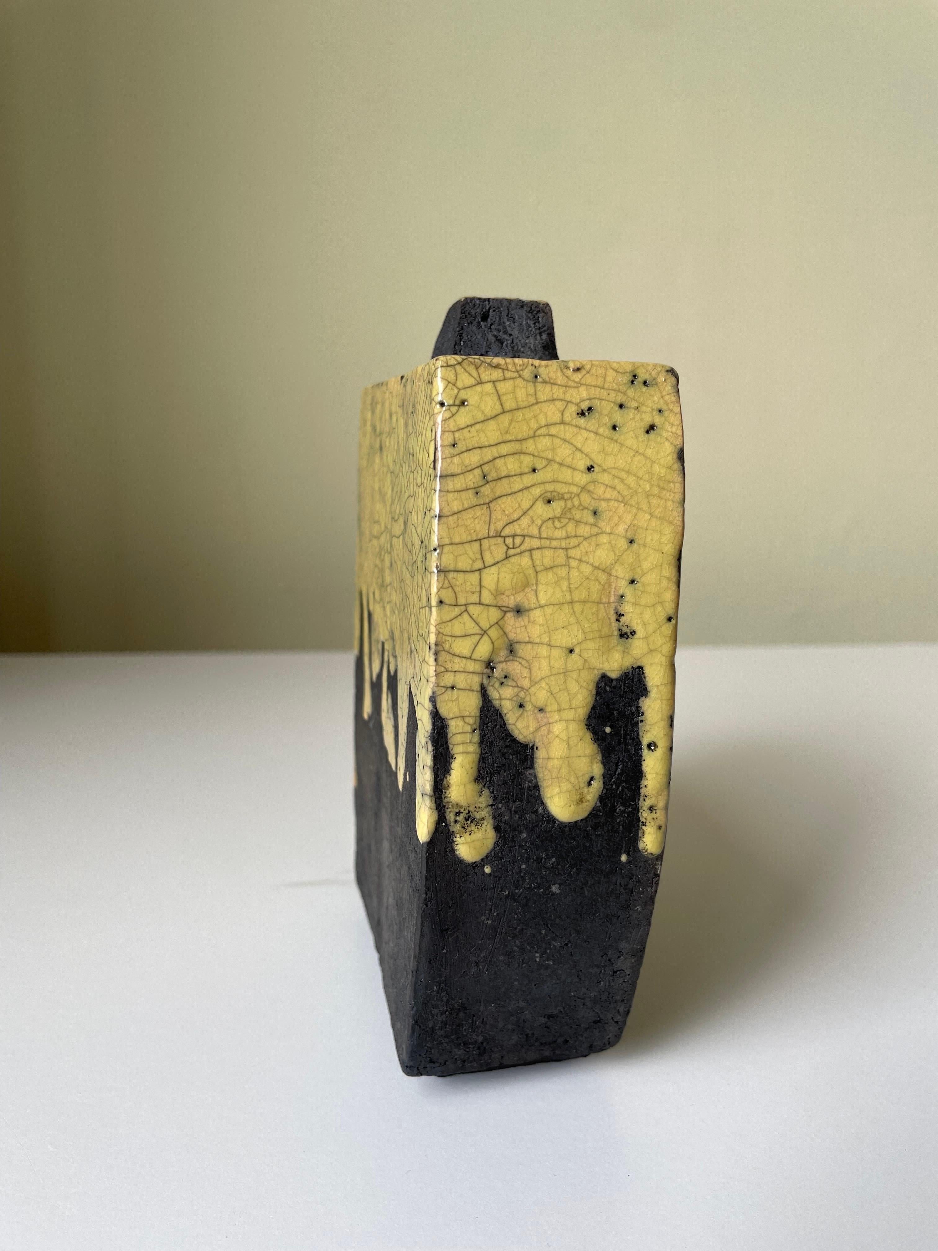 Rustic Raku Anthracite Yellow Ceramic Vase For Sale 4