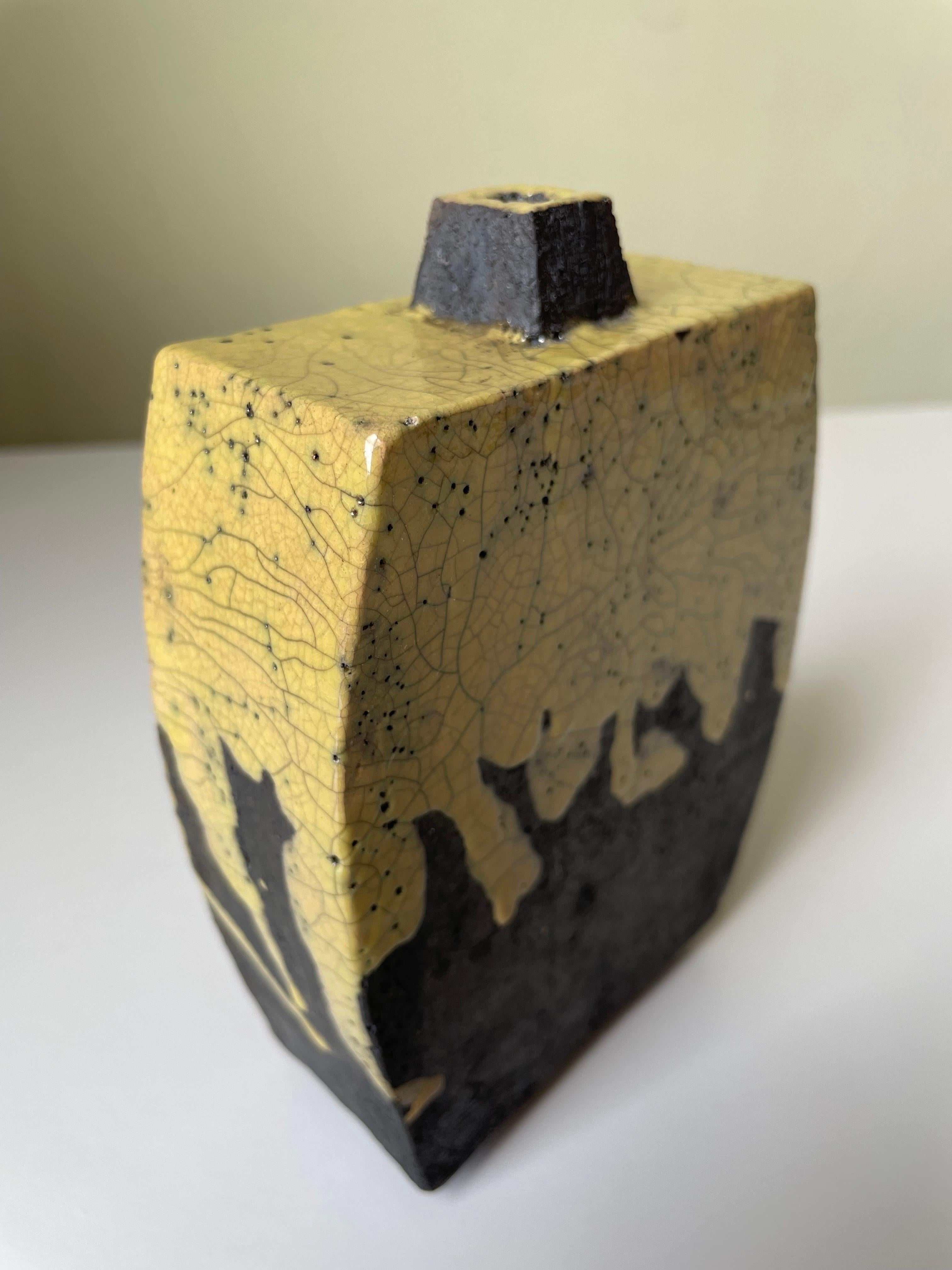 Rustic Raku Anthracite Yellow Ceramic Vase For Sale 7
