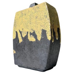 Scandinavian Modern Raku Ceramic Vase, Anthracite & Yellow, 1990s