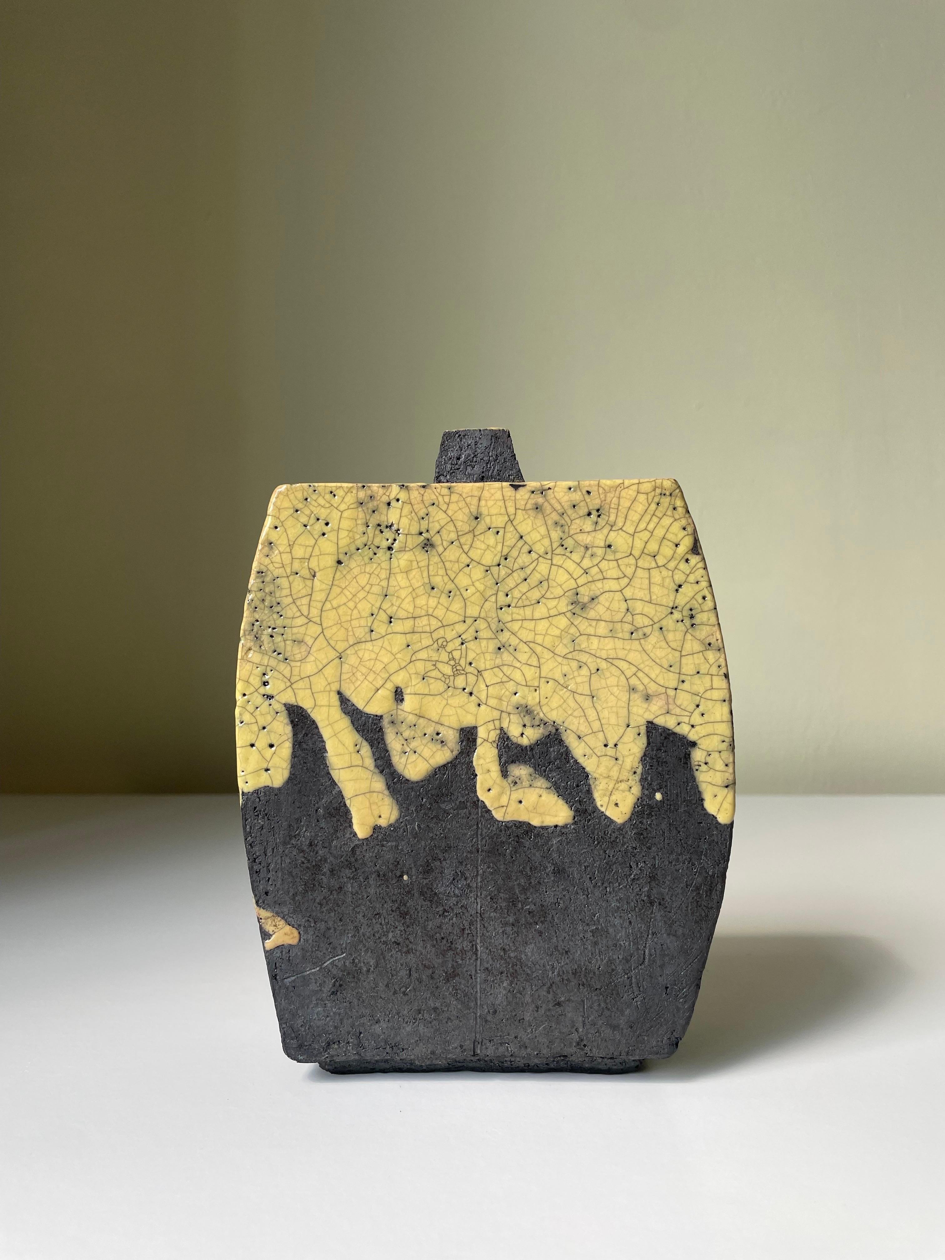 Scandinavian Modern Rustic Raku Anthracite Yellow Ceramic Vase For Sale