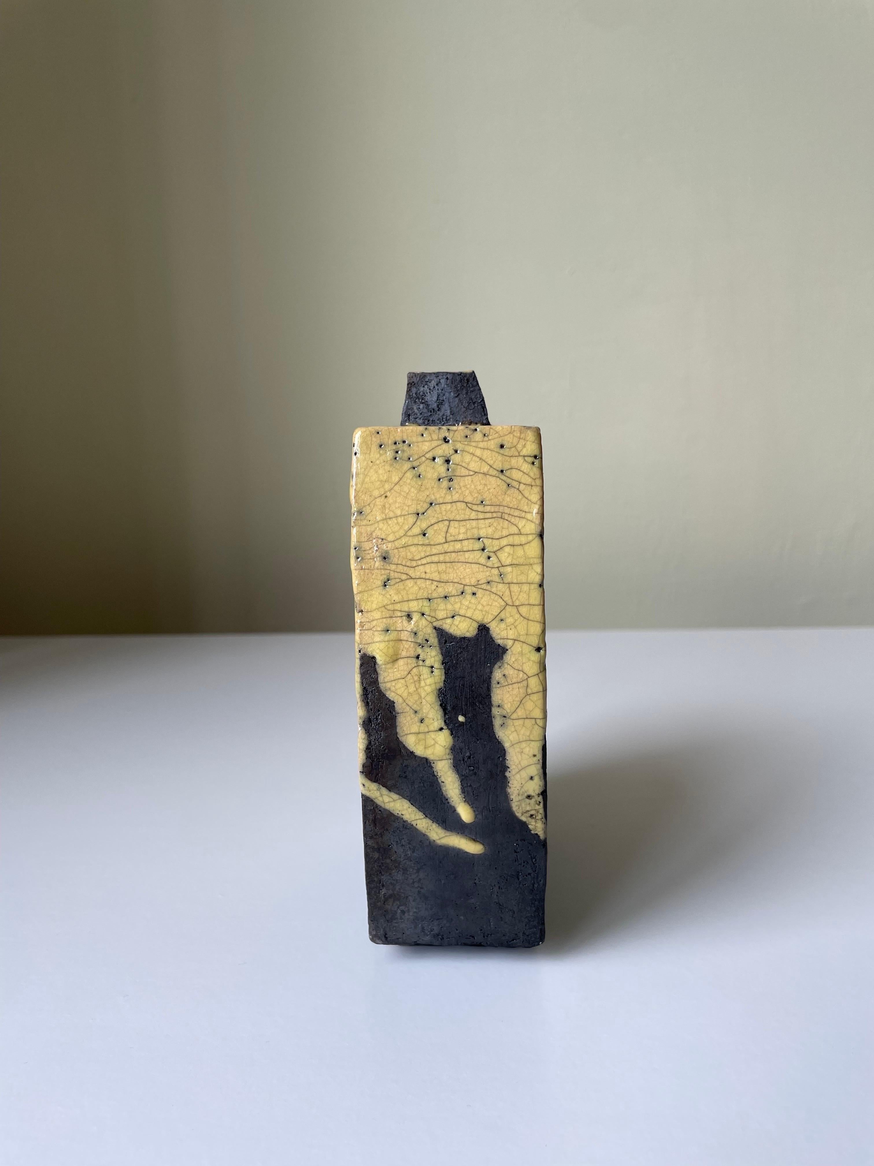 Unglazed Rustic Raku Anthracite Yellow Ceramic Vase For Sale