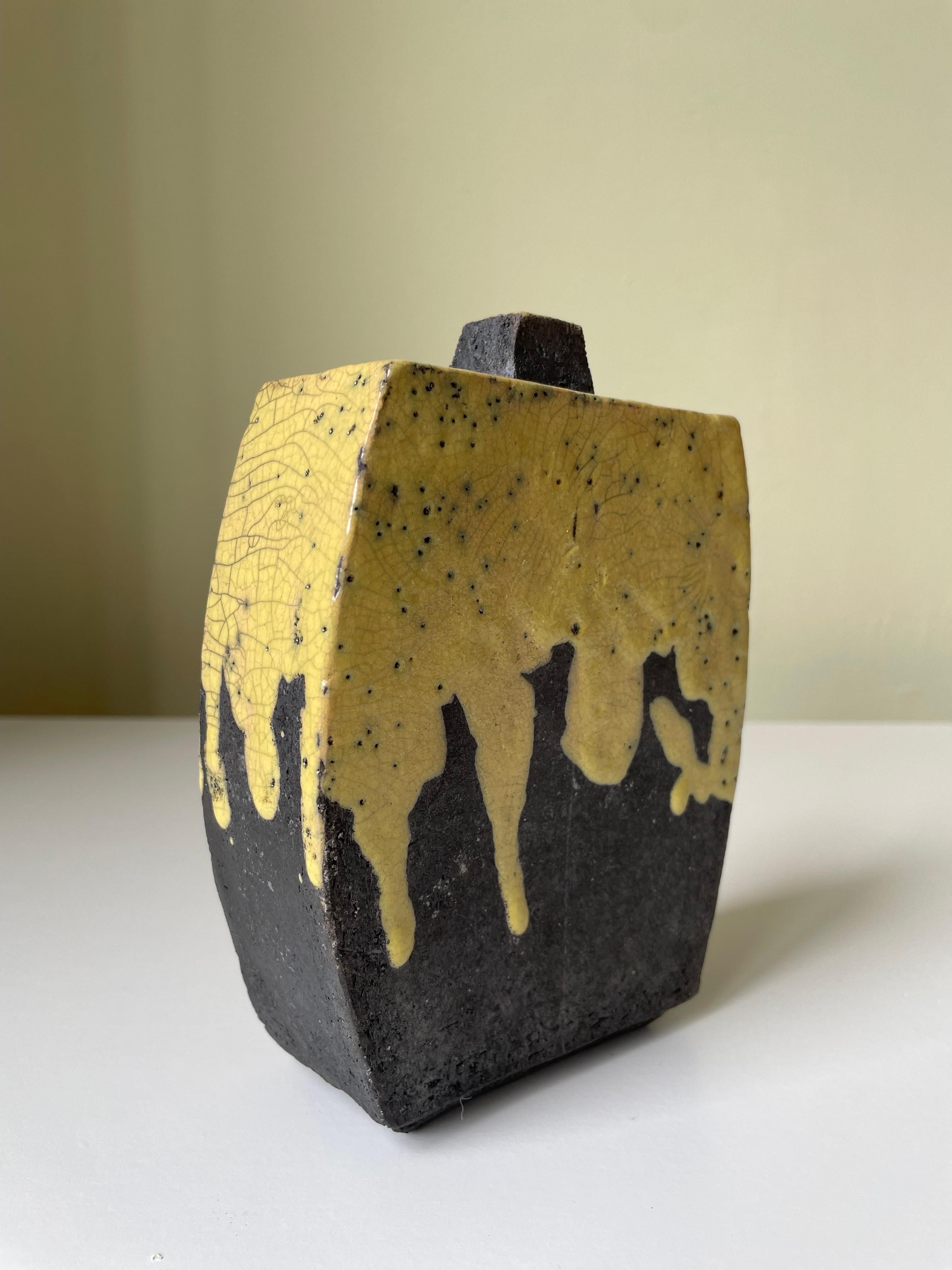 Rustic Raku Anthracite Yellow Ceramic Vase For Sale 1