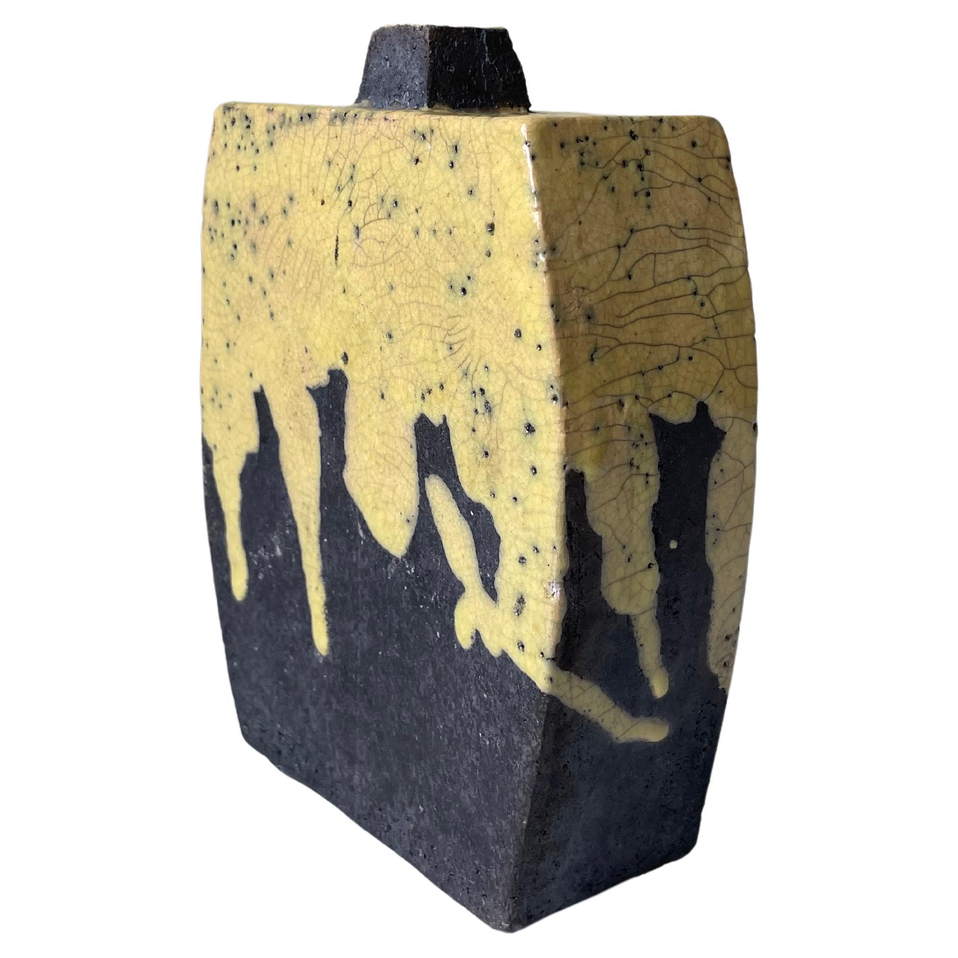 Rustic Raku Anthracite Yellow Ceramic Vase For Sale