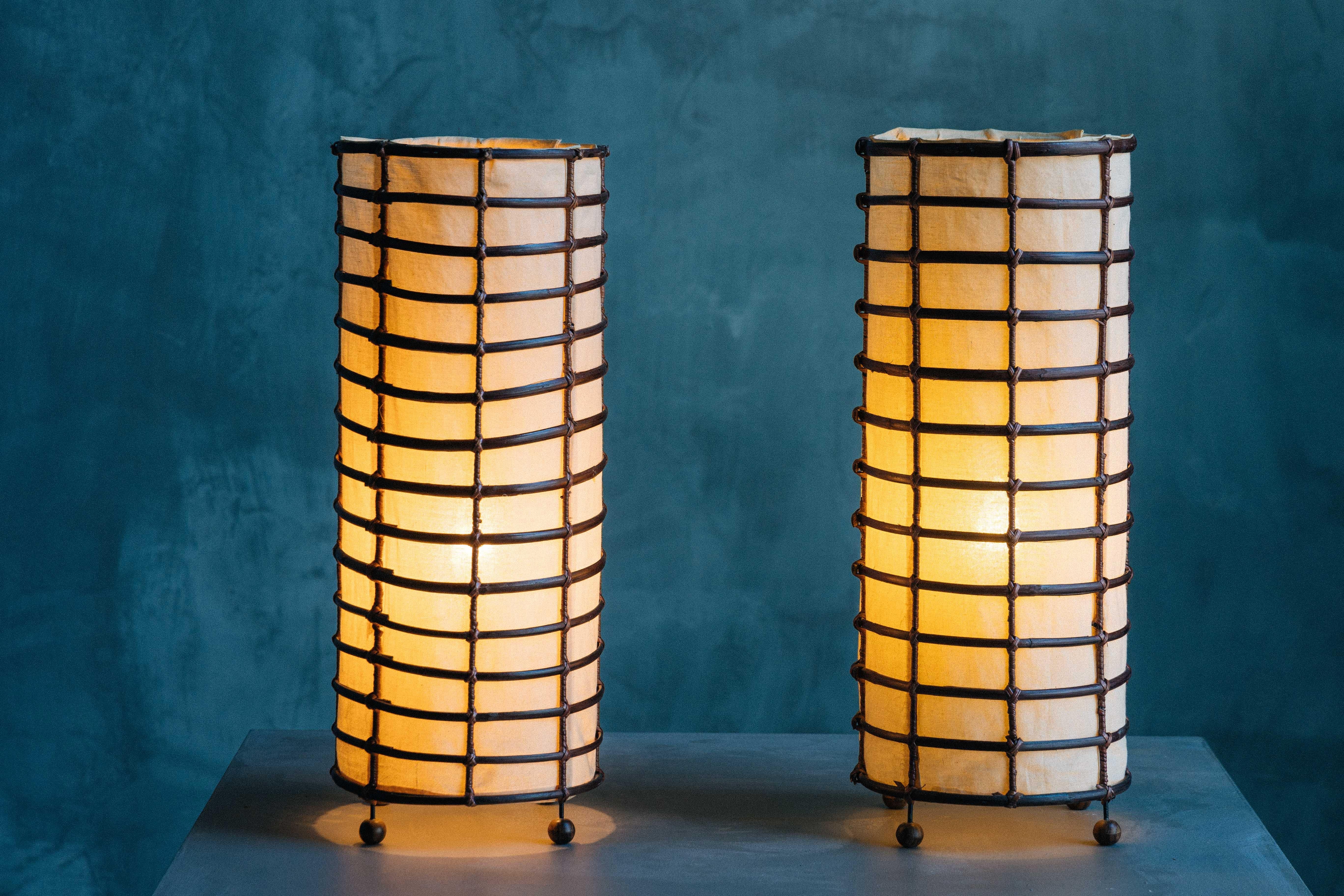 French Rustic Rattan and Linen Lamps, France, 1970s For Sale