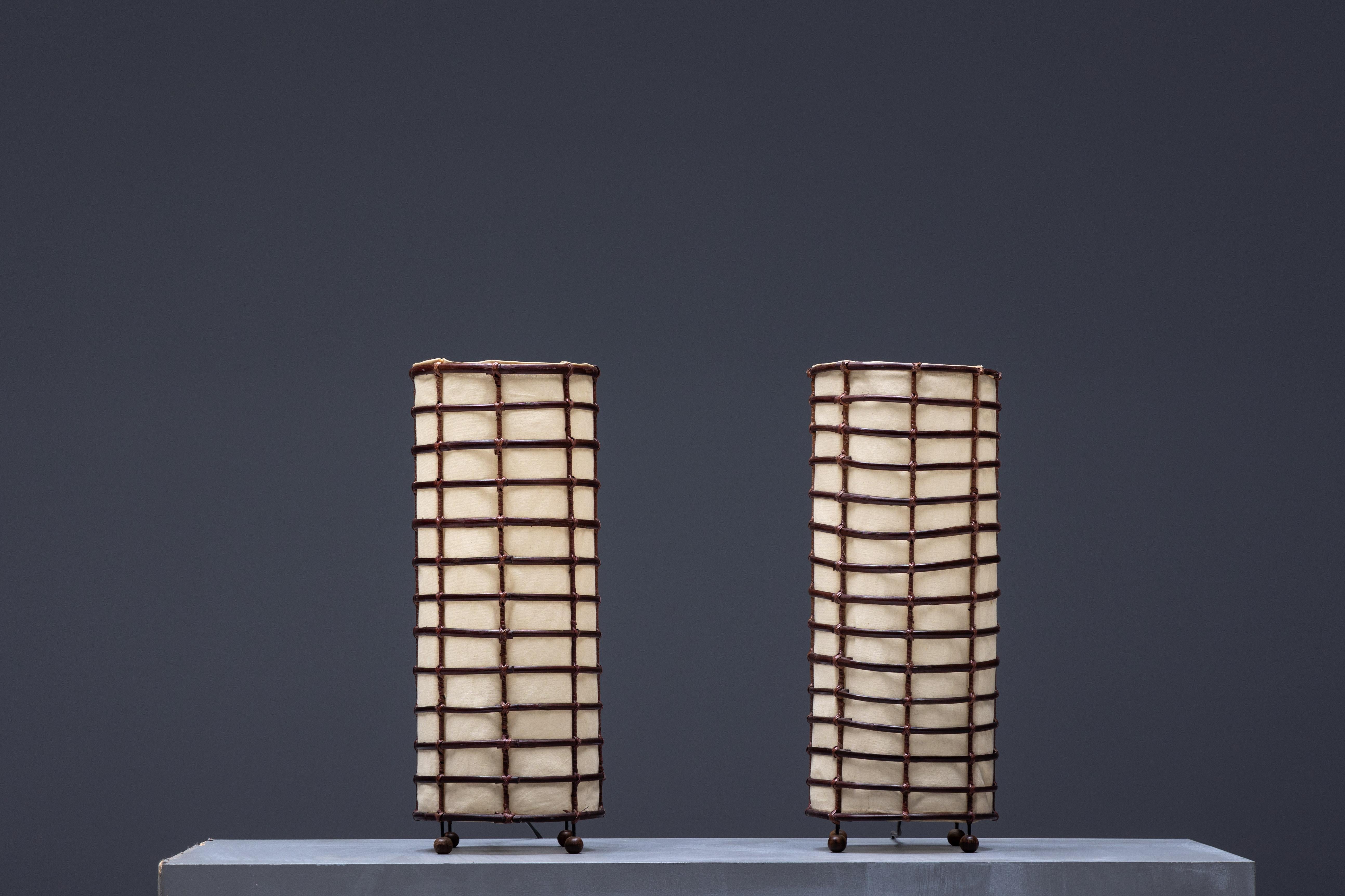 Late 20th Century Rustic Rattan and Linen Lamps, France, 1970s For Sale