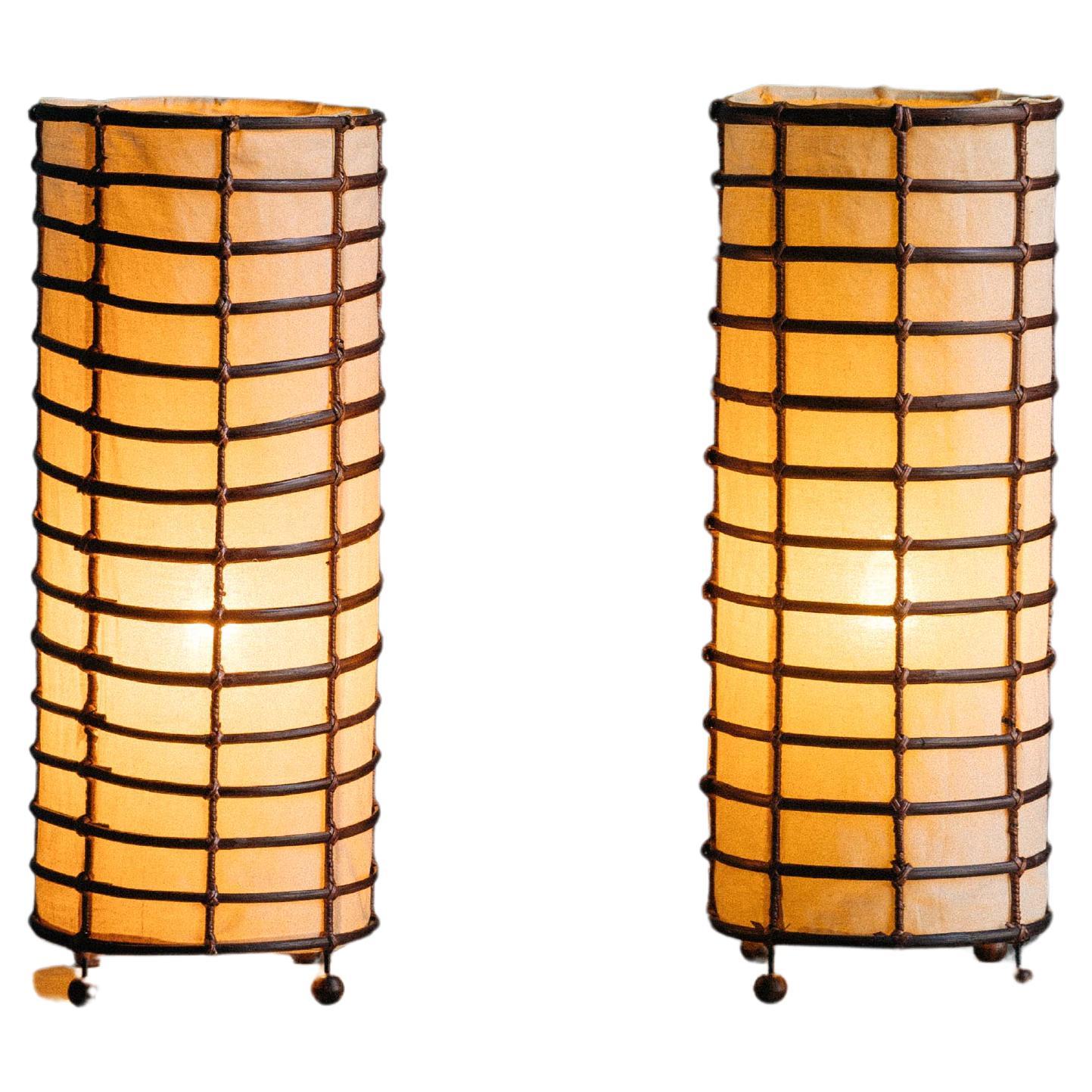 Rustic Rattan and Linen Lamps, France, 1970s For Sale