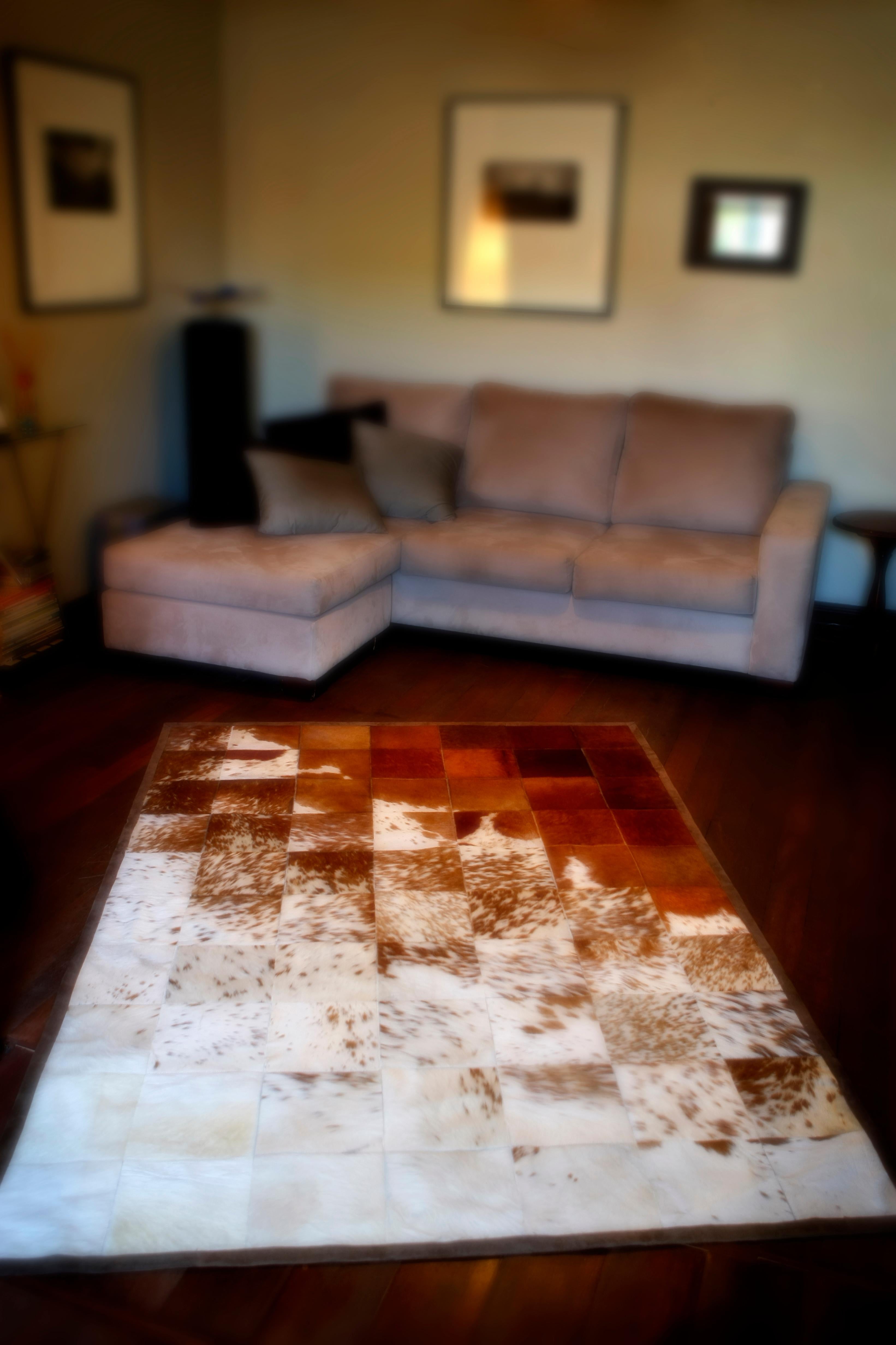 Modern Rustic, Raw Brown and White Customizable Gaucho Cowhide Area Floor Rug XX-Large For Sale