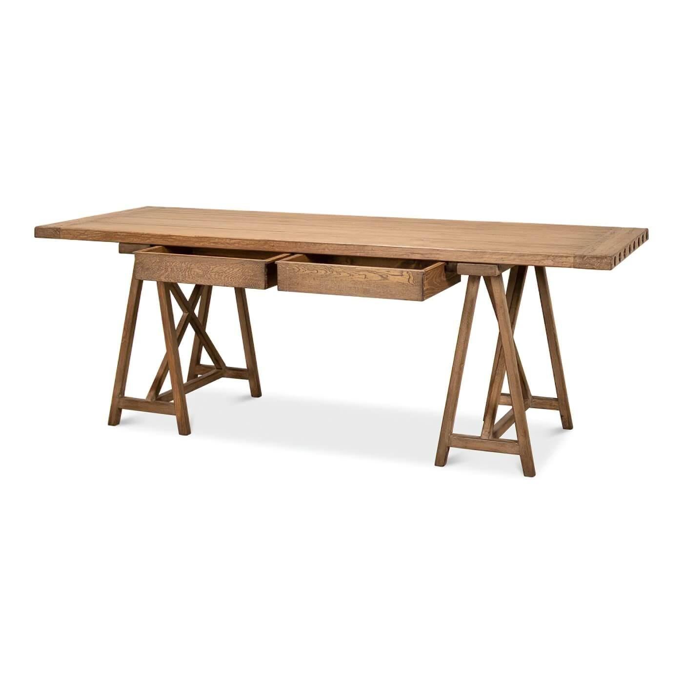 A Rustic reclaimed pine desk with saw-horse inspired base. This unique piece has a reclaimed plank top and is held together with 8 rods and 16 bolts and has 4 functional drawers. This desk is a great transitional piece and can also make a beautiful