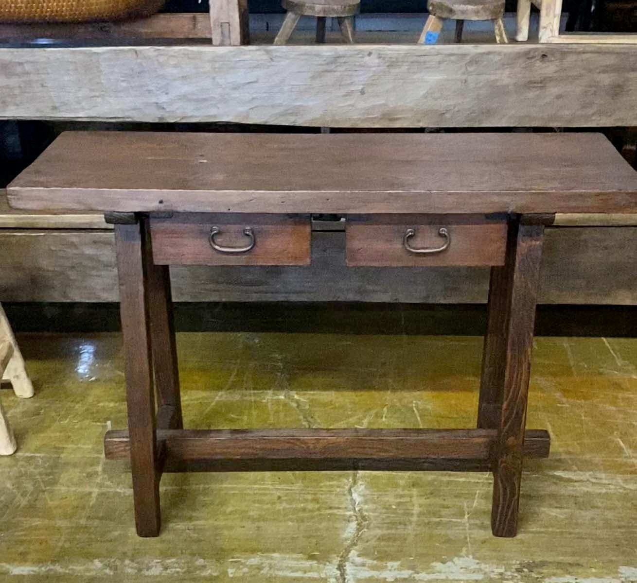 This little console is made from reclaimed Douglas fir and two vintage Japanese drawers have been added for storage. Great for a small entry or behind a sofa. The console has been finished to match the vintage drawers. Smooth finish throughout.