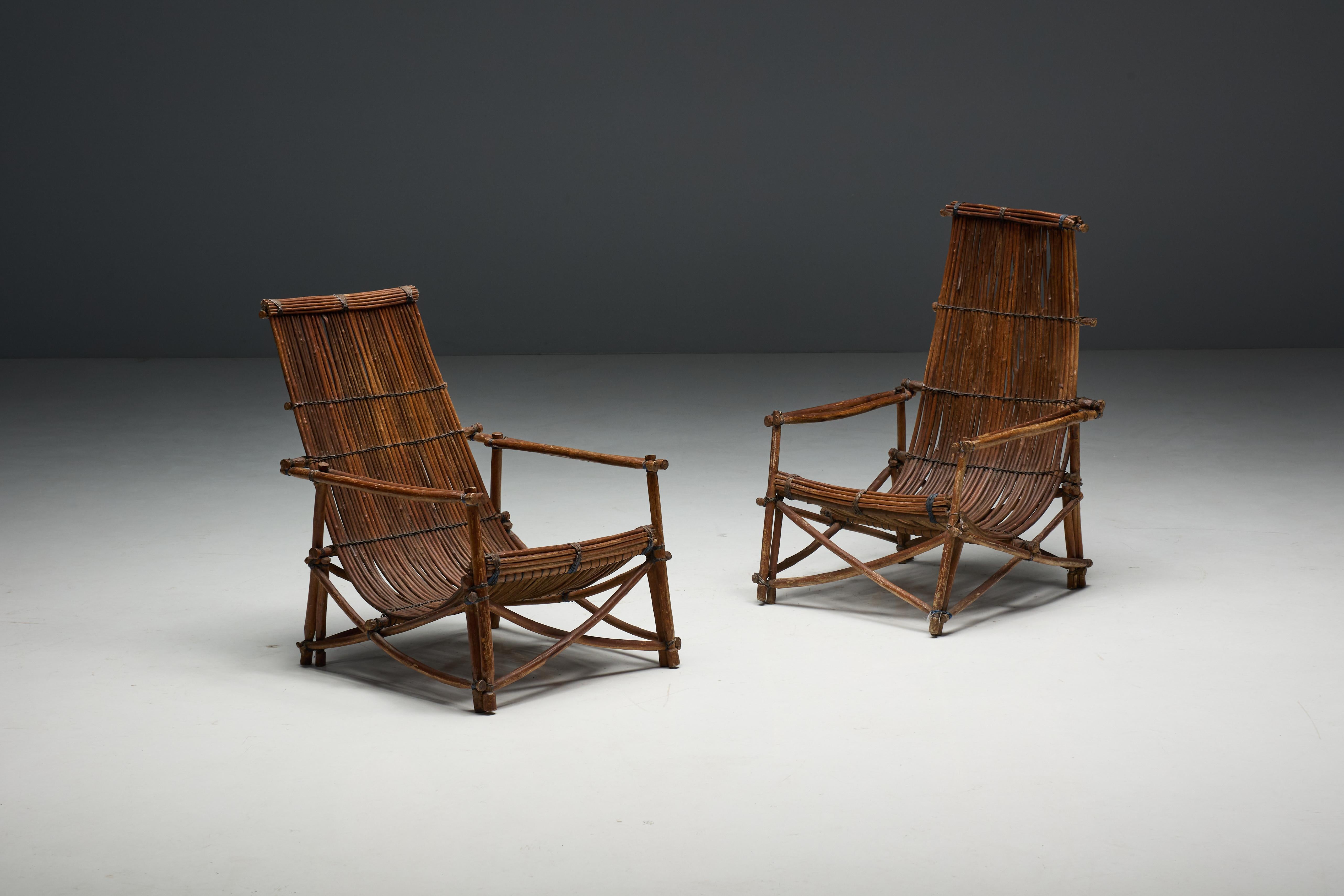 Sillas reclinables rústicas de mimbre artesanal, Italia, años 50 en venta 11