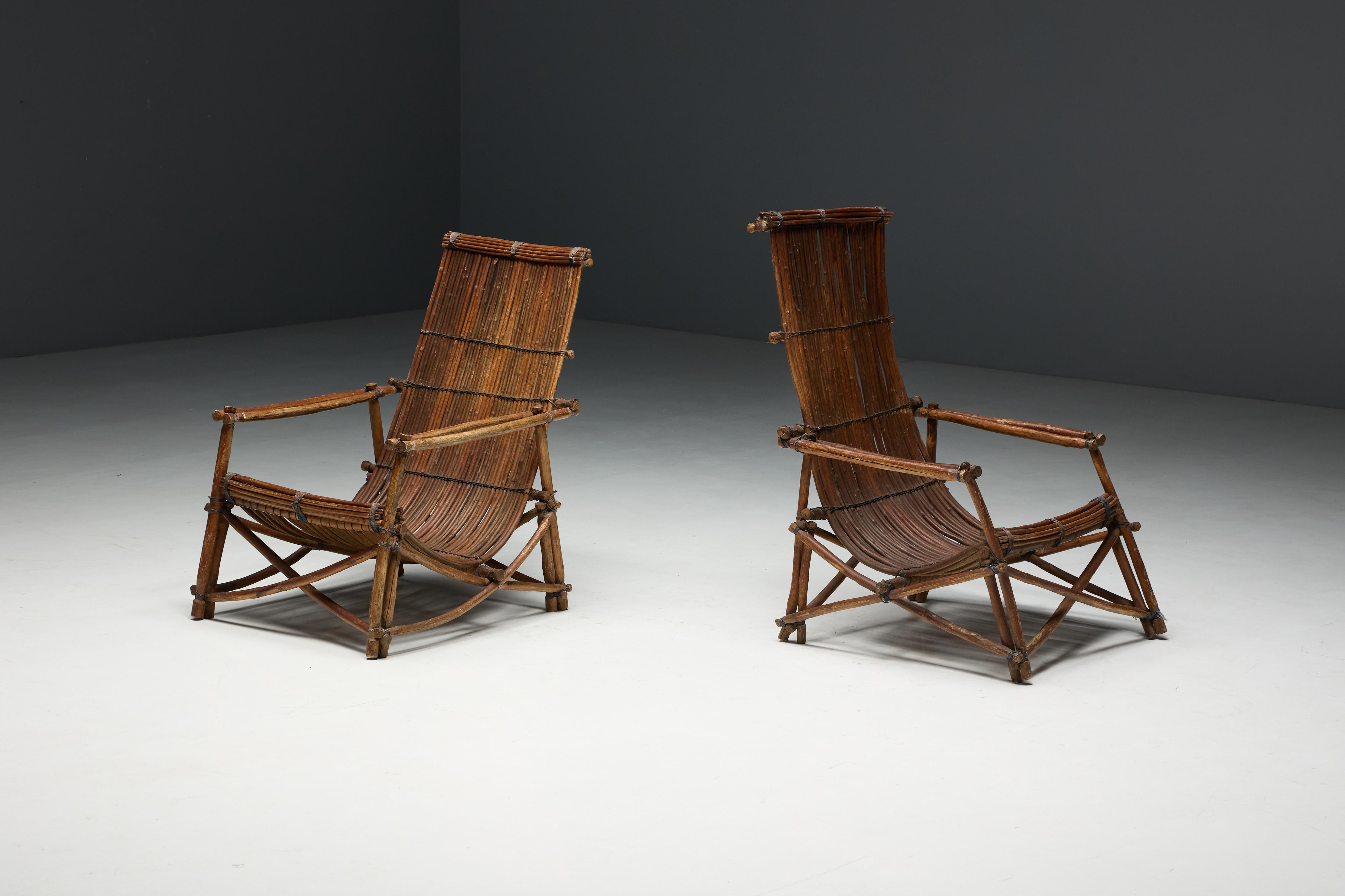Sillas reclinables rústicas de mimbre artesanal, Italia, años 50 en venta 12