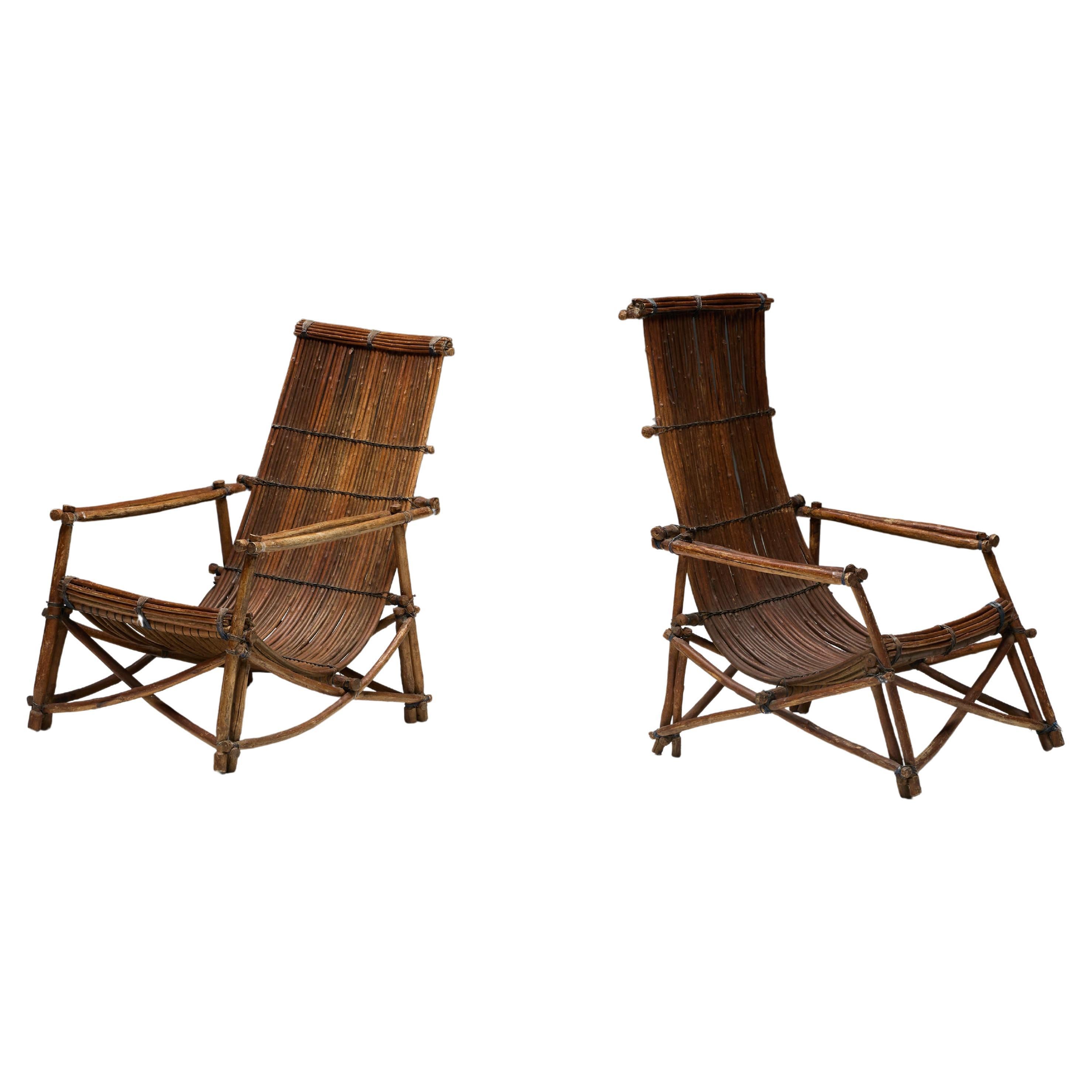 Sillas reclinables rústicas de mimbre artesanal, Italia, años 50 en venta