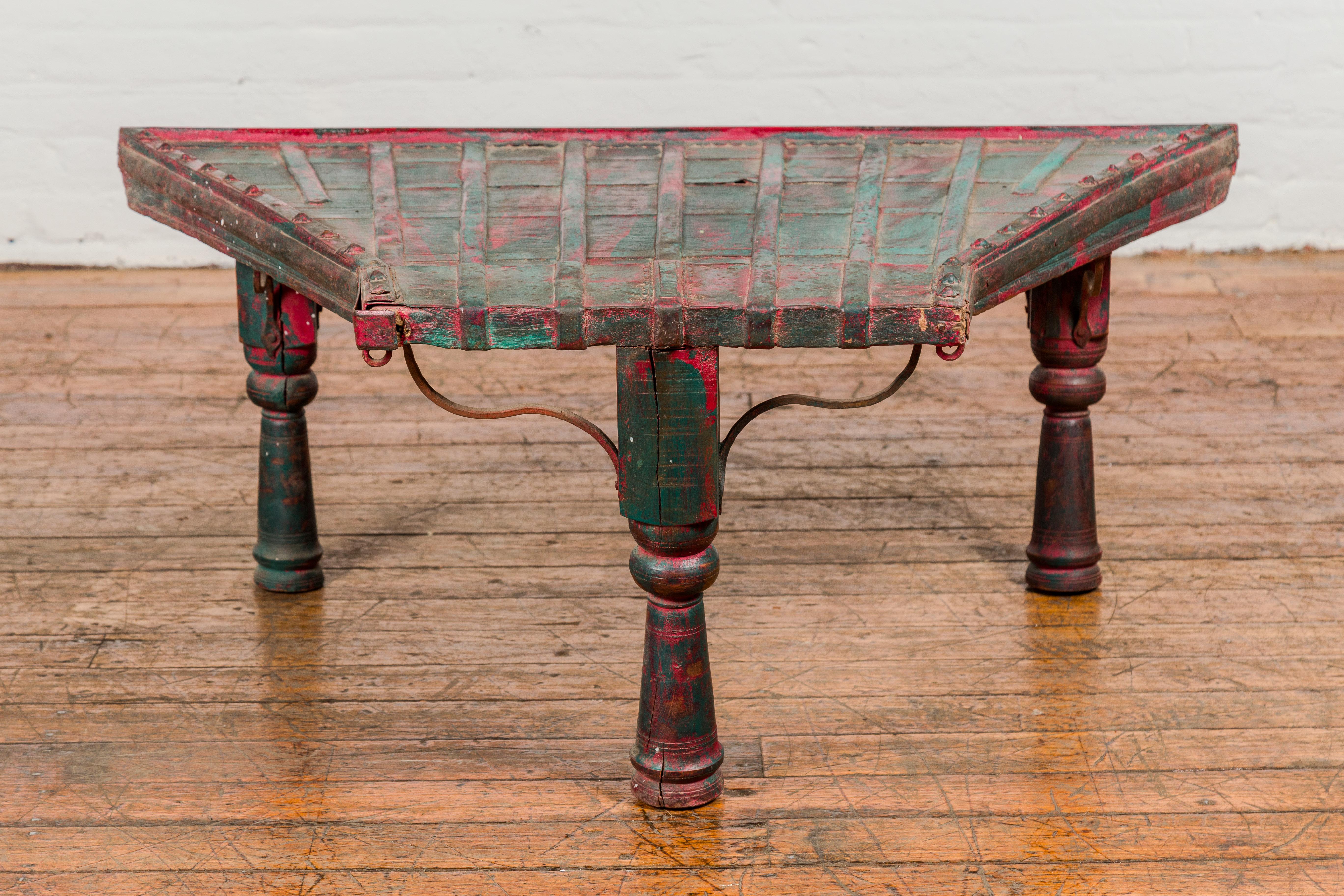 Rustic Red and Green Coffee Table with Trapezoidal Top and Iron Stretchers For Sale 7
