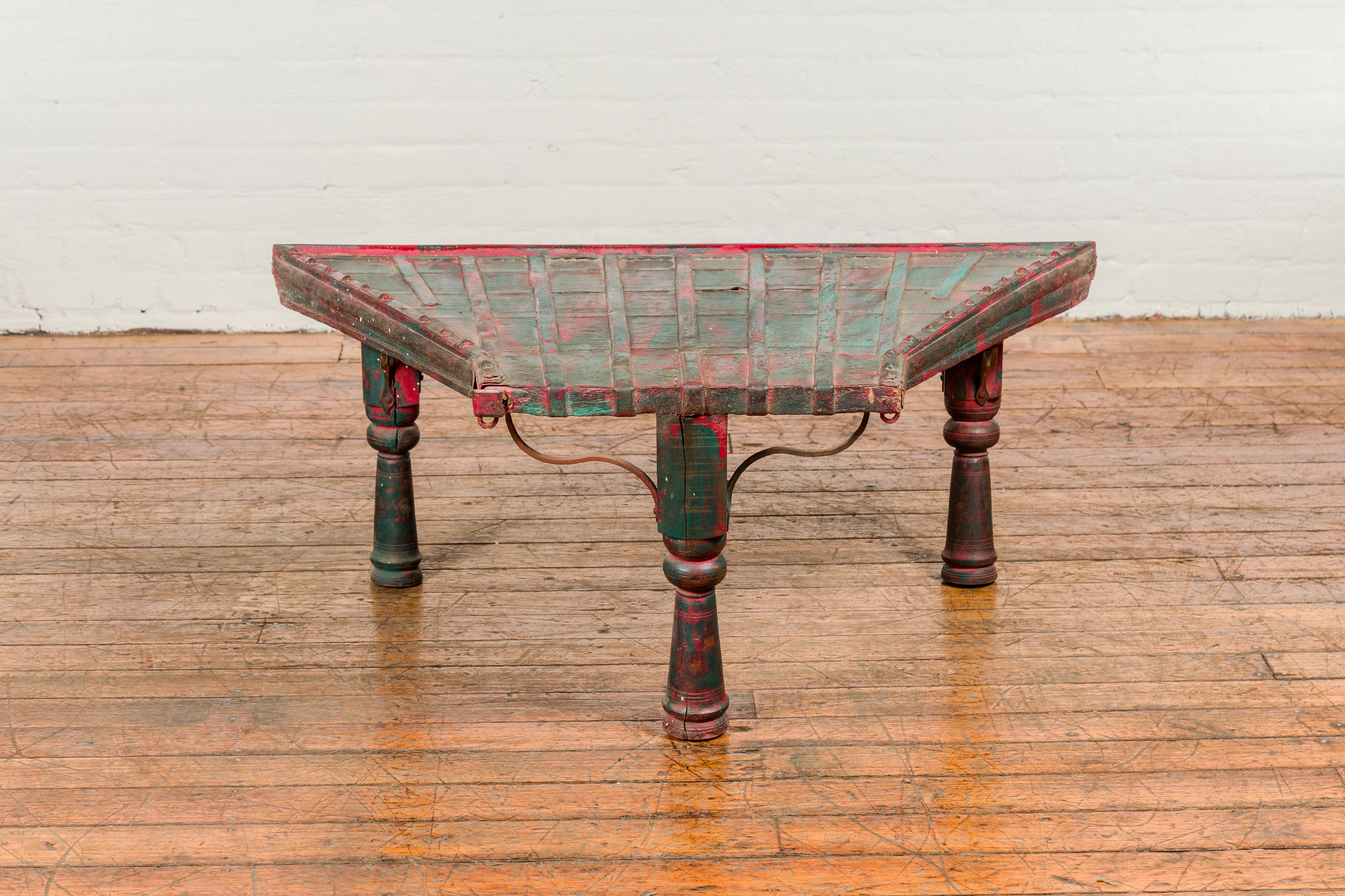 Rustic Red and Green Coffee Table with Trapezoidal Top and Iron Stretchers For Sale 8