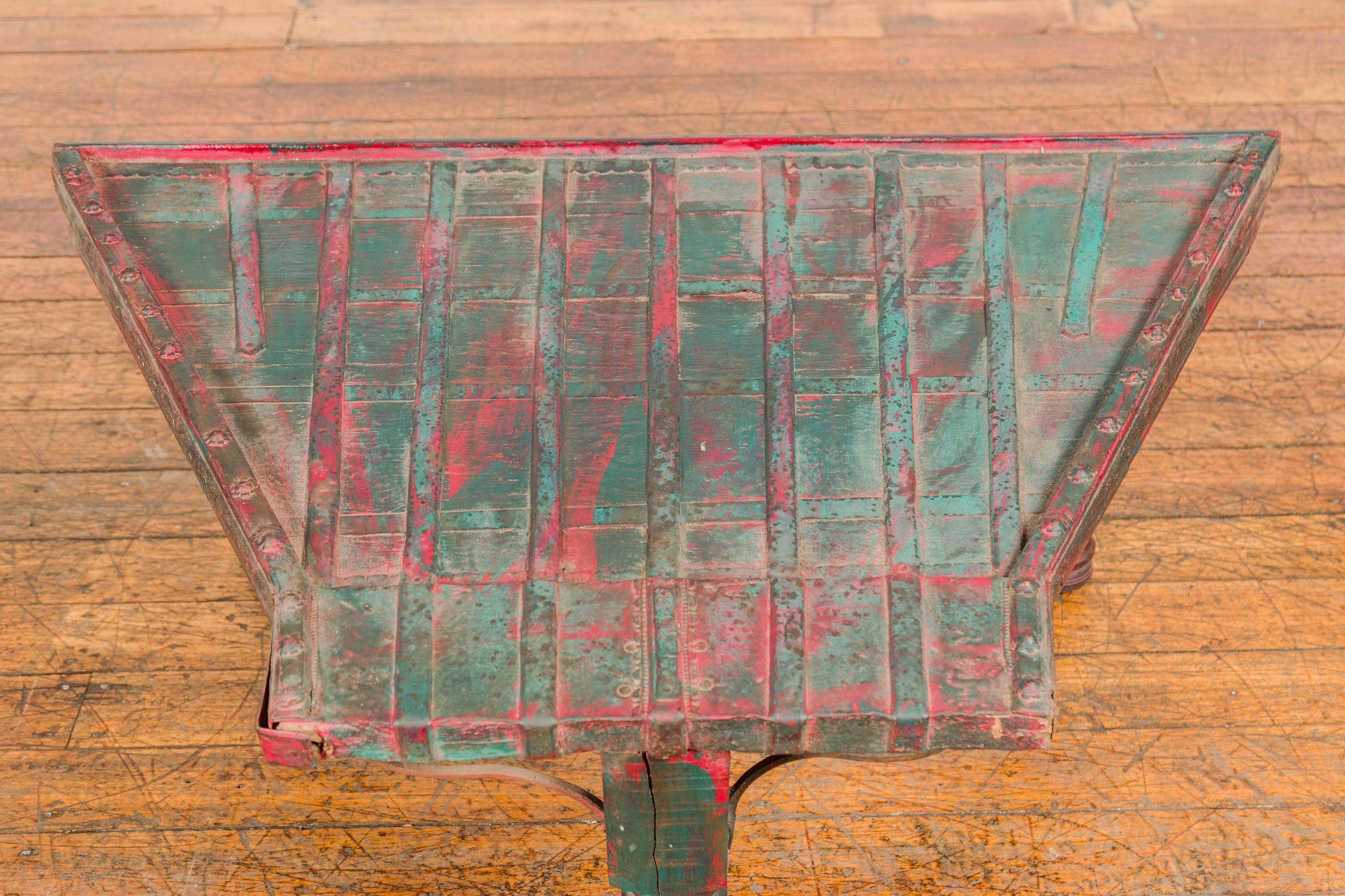 Rustic Red and Green Coffee Table with Trapezoidal Top and Iron Stretchers For Sale 9