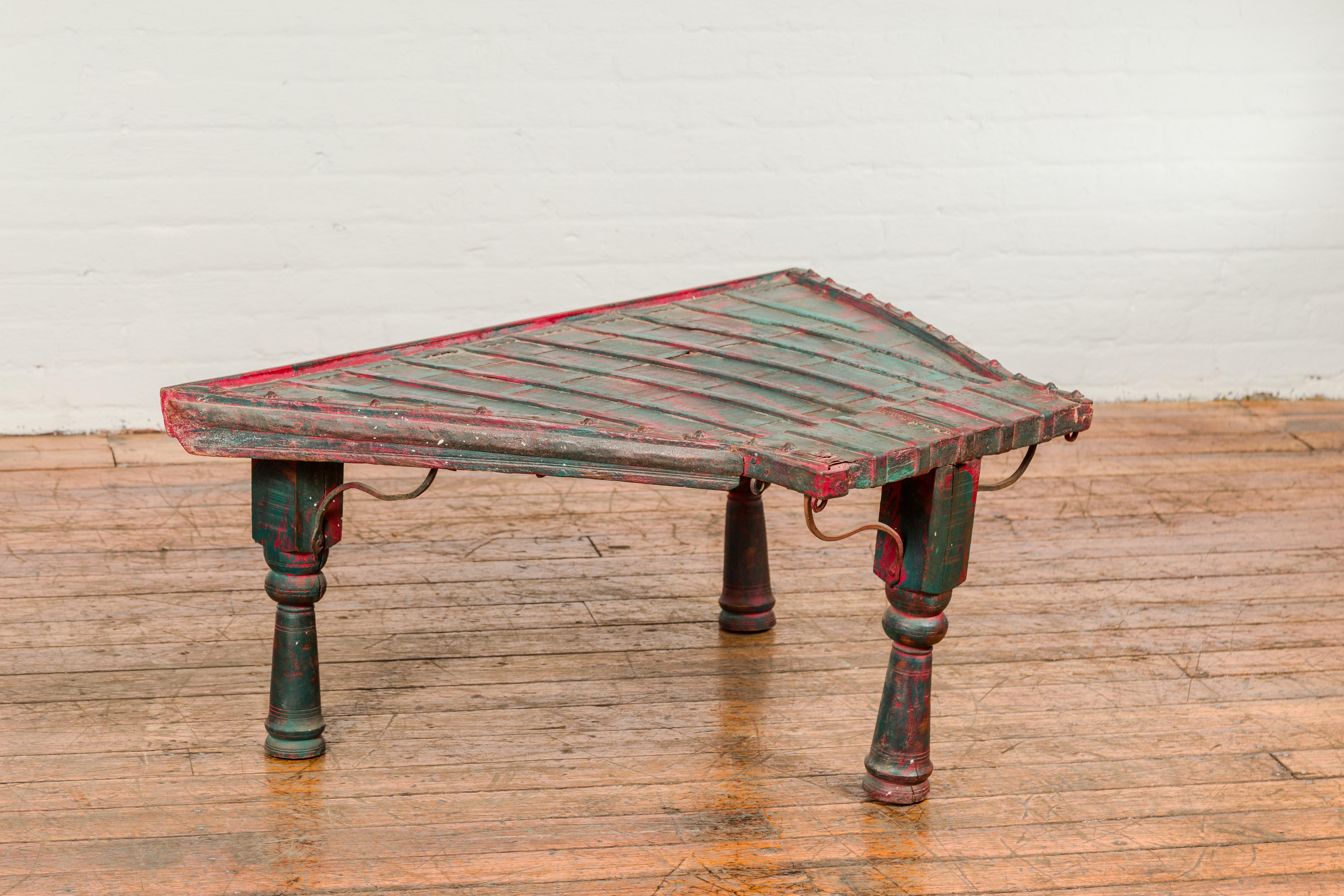 Rustic Red and Green Coffee Table with Trapezoidal Top and Iron Stretchers In Good Condition For Sale In Yonkers, NY