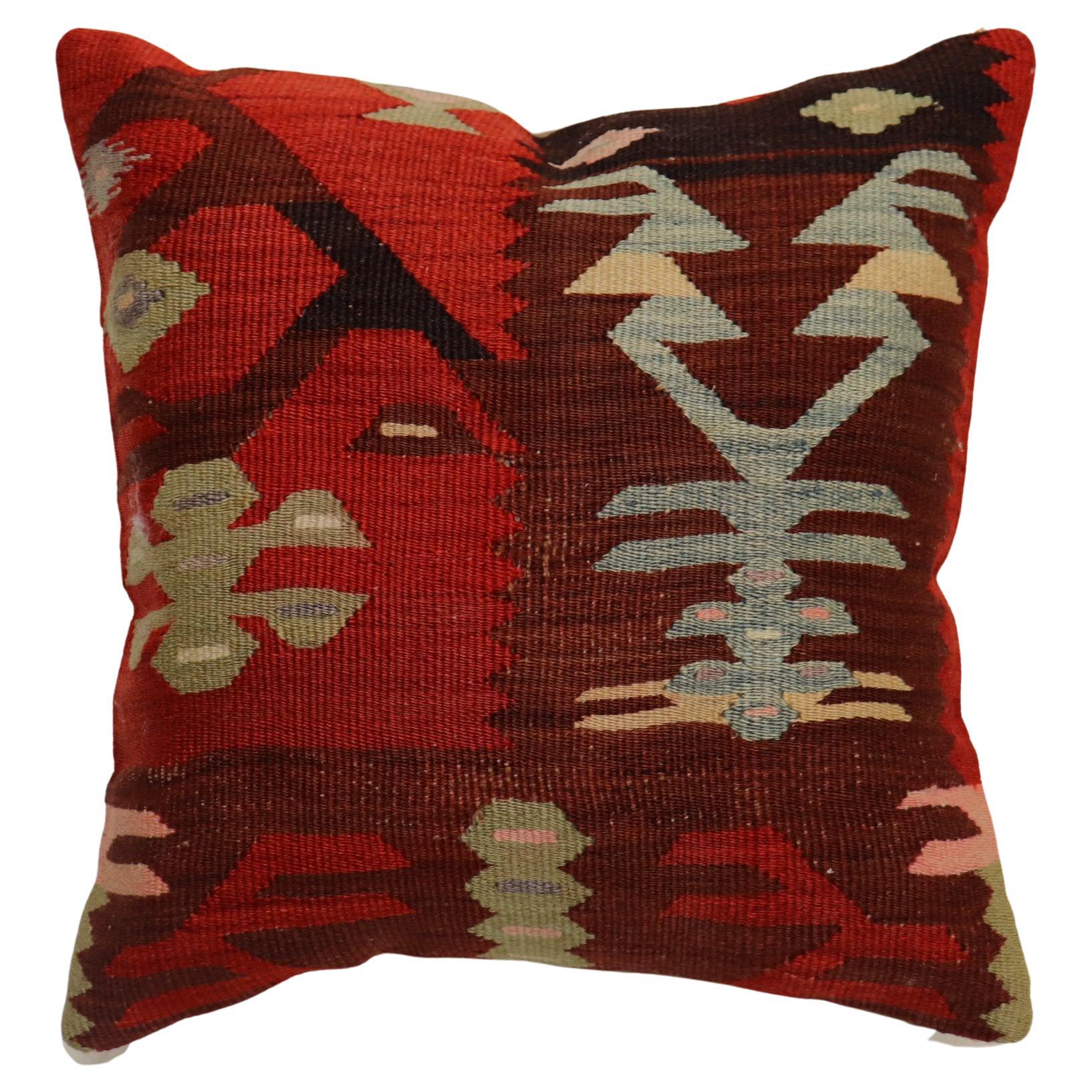 Rustic Red Brown Geometric Turkish Kilim Pillow For Sale