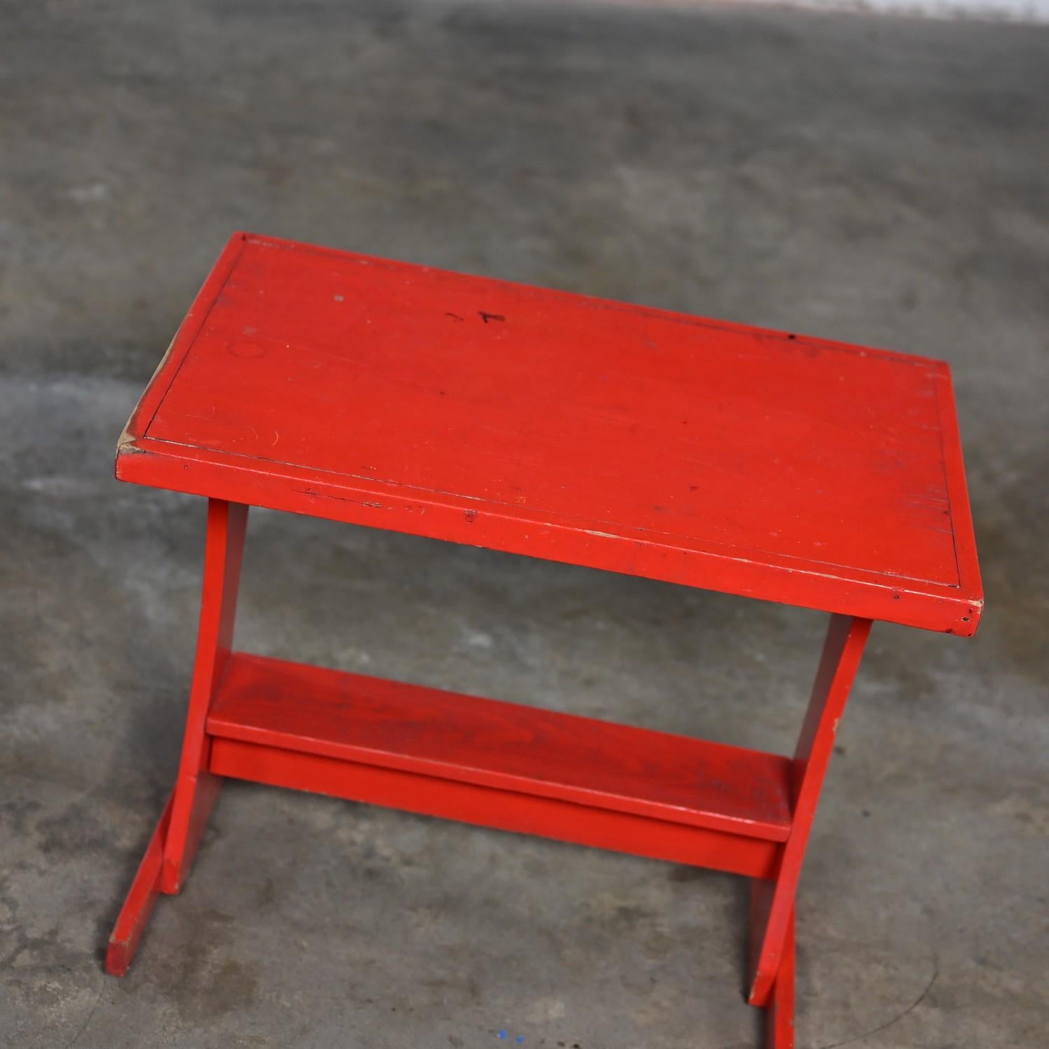 Rustic Red Children’s Hand Crafted Wood Diner Style Table & 2 Benches Set For Sale 6