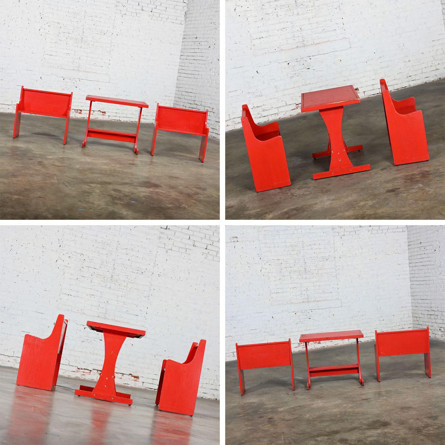 Rustic Red Children’s Hand Crafted Wood Diner Style Table & 2 Benches Set For Sale 10
