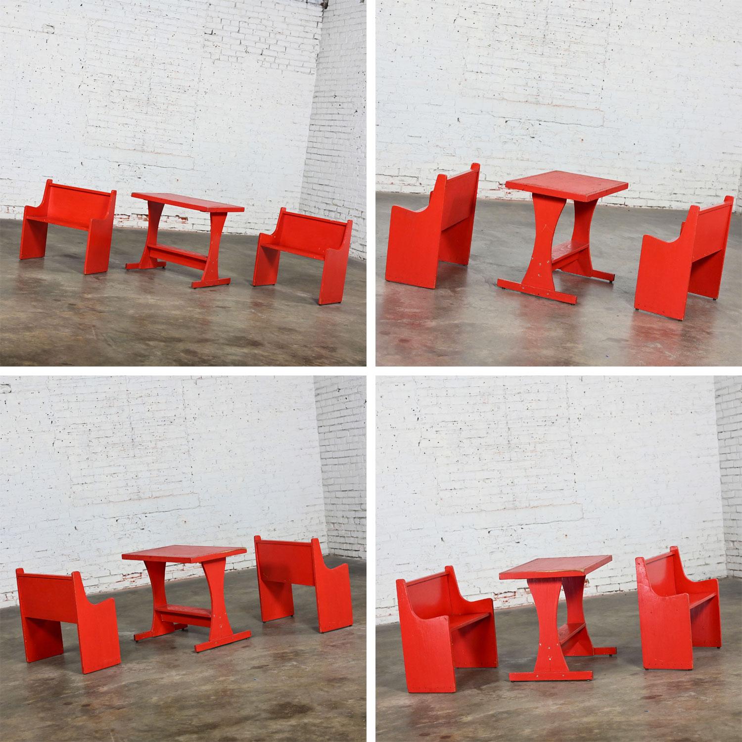 Rustic Red Children’s Hand Crafted Wood Diner Style Table & 2 Benches Set For Sale 11