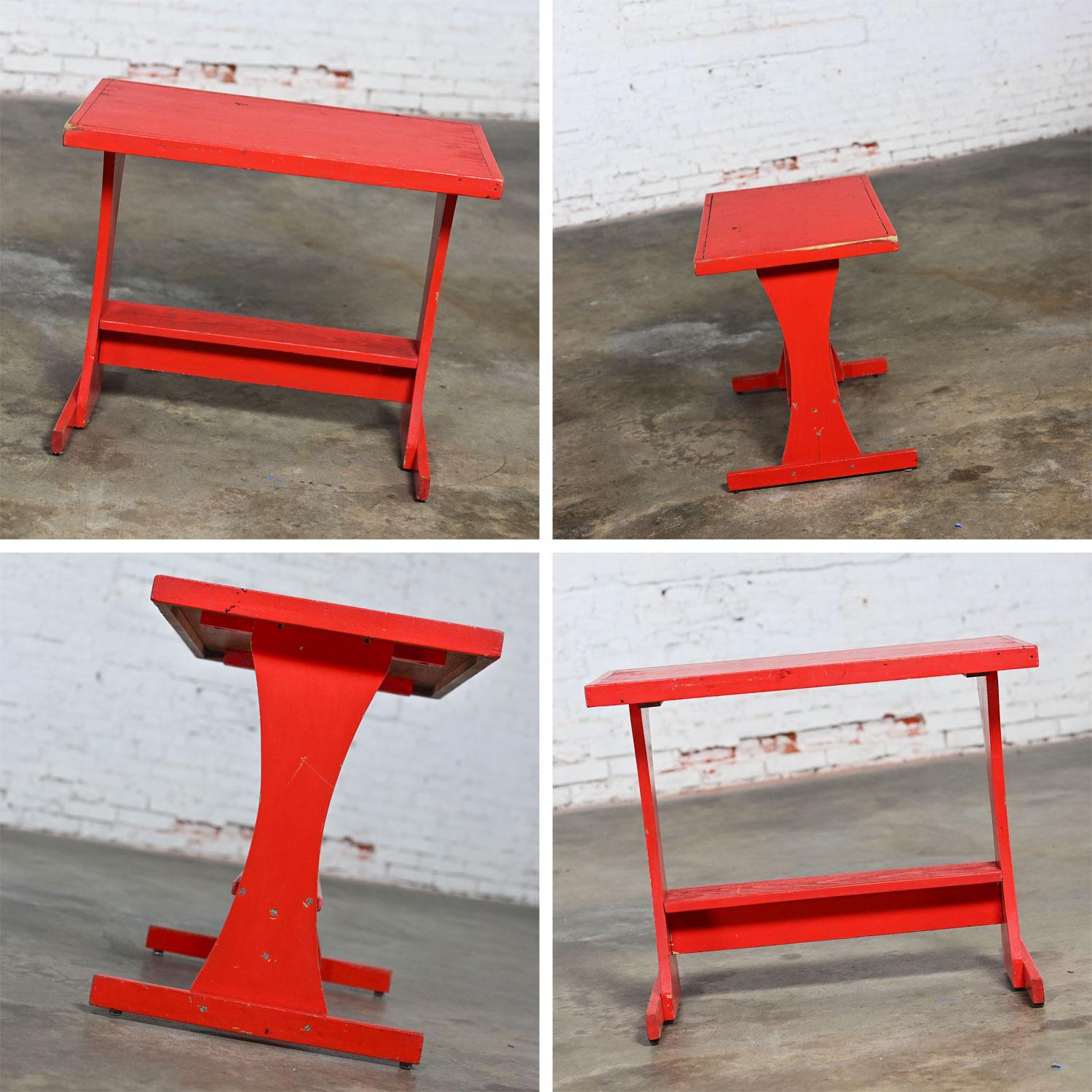 Rustic Red Children’s Hand Crafted Wood Diner Style Table & 2 Benches Set For Sale 14