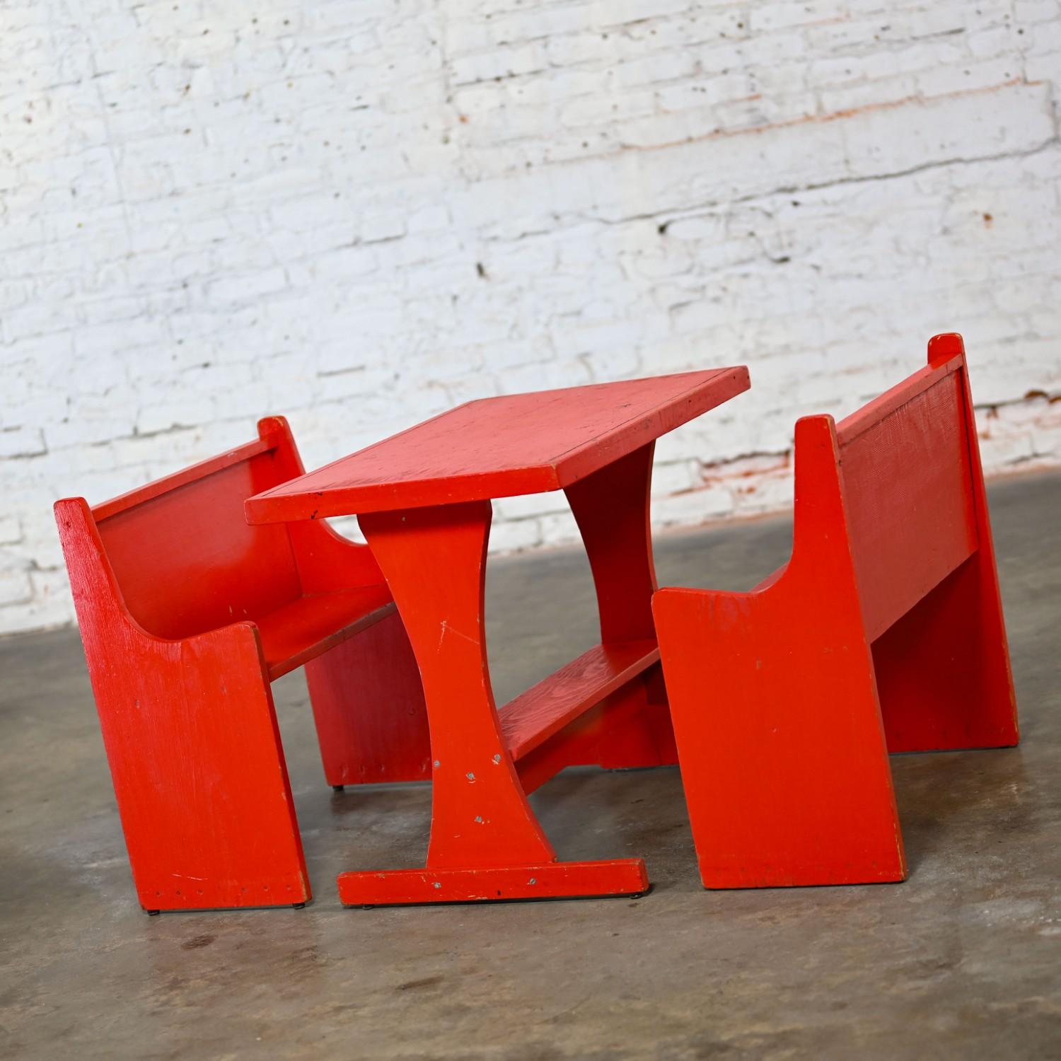 Rustic Red Children’s Hand Crafted Wood Diner Style Table & 2 Benches Set In Good Condition For Sale In Topeka, KS