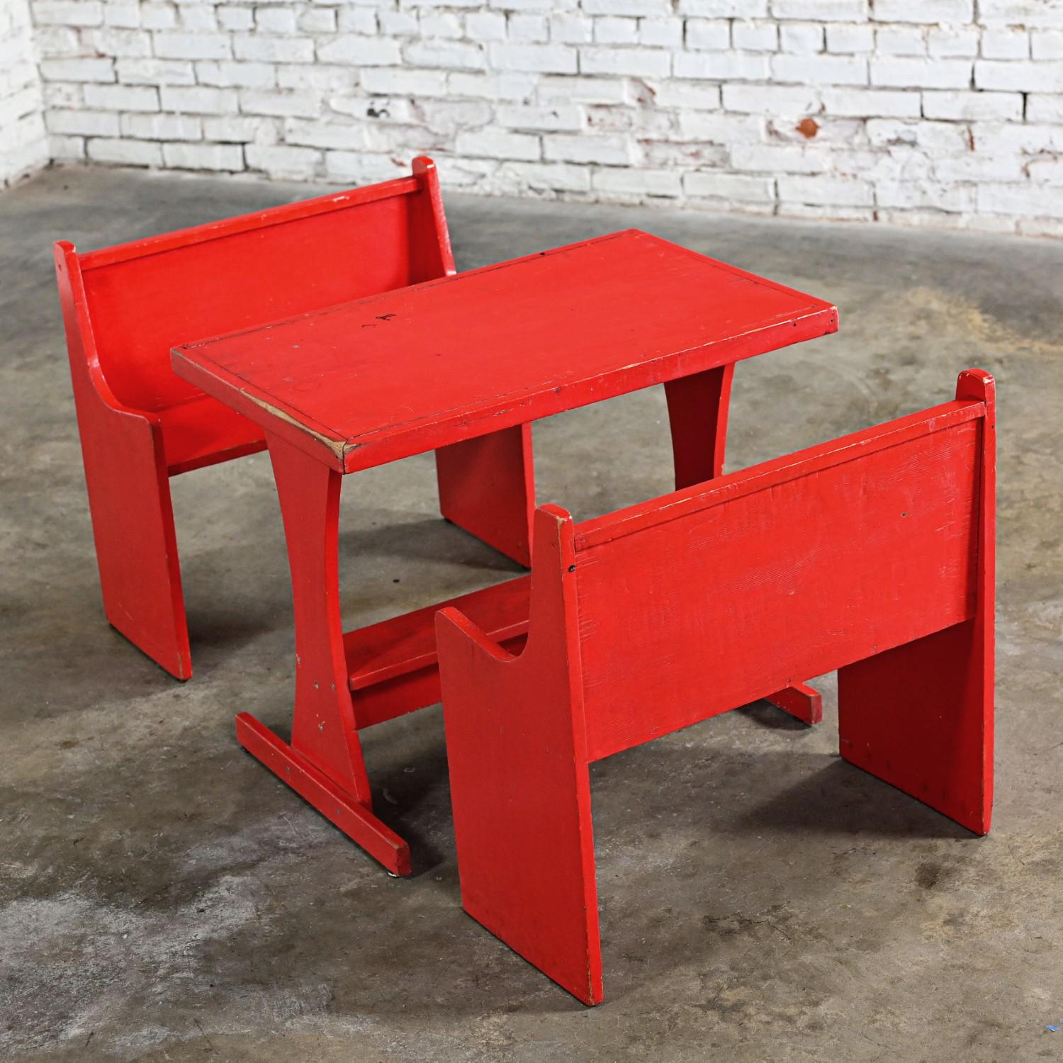 20th Century Rustic Red Children’s Hand Crafted Wood Diner Style Table & 2 Benches Set For Sale