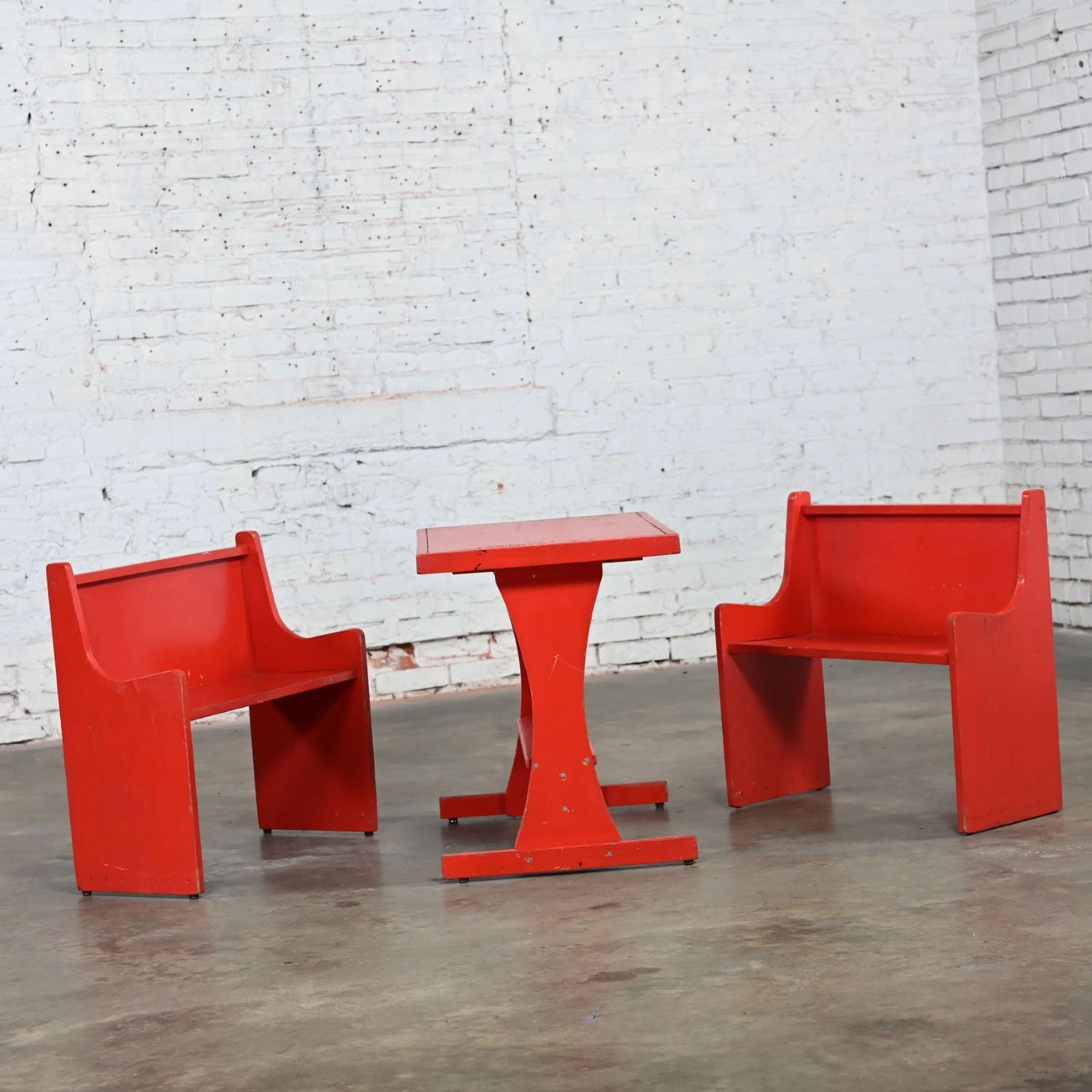 Rustic Red Children’s Hand Crafted Wood Diner Style Table & 2 Benches Set For Sale 2