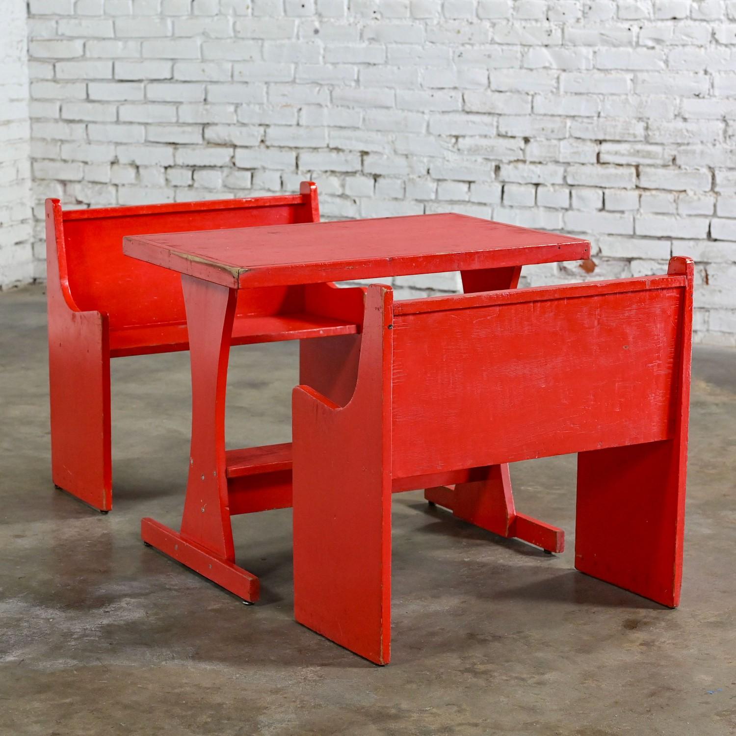 Rustic Red Children’s Hand Crafted Wood Diner Style Table & 2 Benches Set For Sale 3
