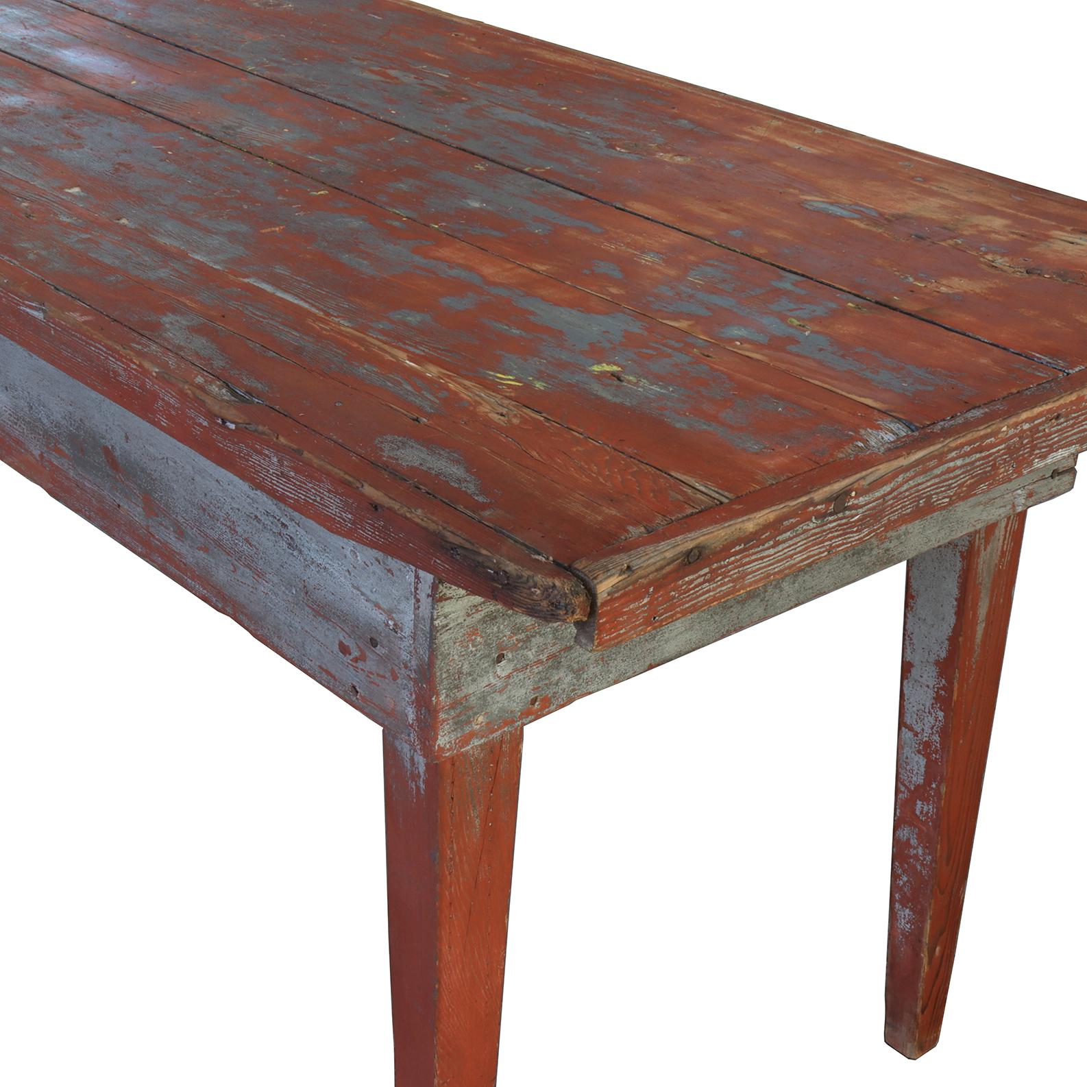 Rustic Red Farm Table In Distressed Condition For Sale In Aurora, OR