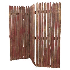 Used Rustic Red & Natural Distressed Manchester Picket Fence 3-Panel Folding Screen
