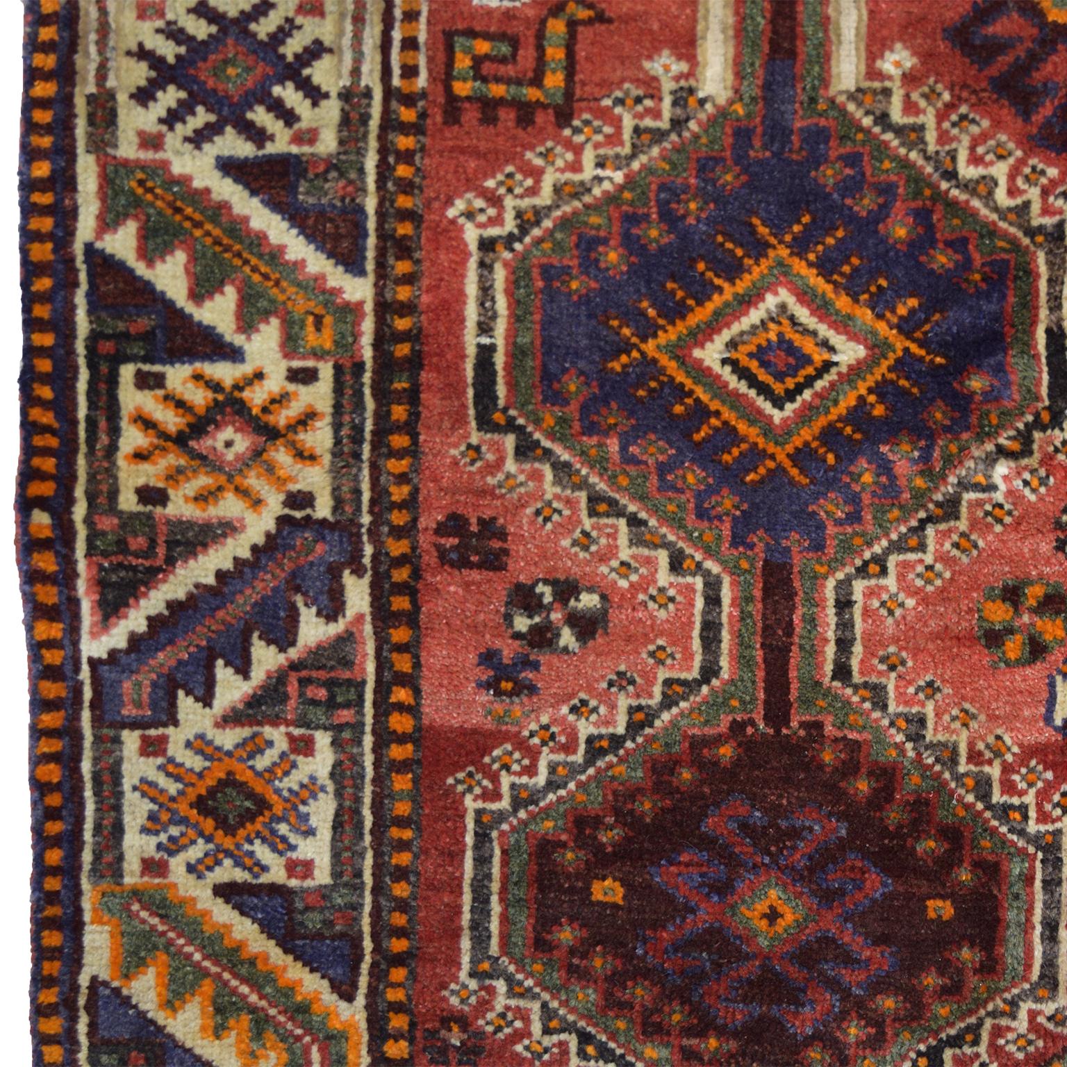Wool Vintage 1940s Persian Qashqai Tribal Rug, Pink, Red & Cream, 5x8