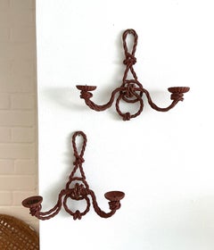 Rustic Red Twisted Wire Wrought Iron Candelabras Wall Sconces Set of 2