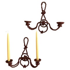 Rustic Red Twisted Wire Wrought Iron Candelabras Wall Sconces Set of 2