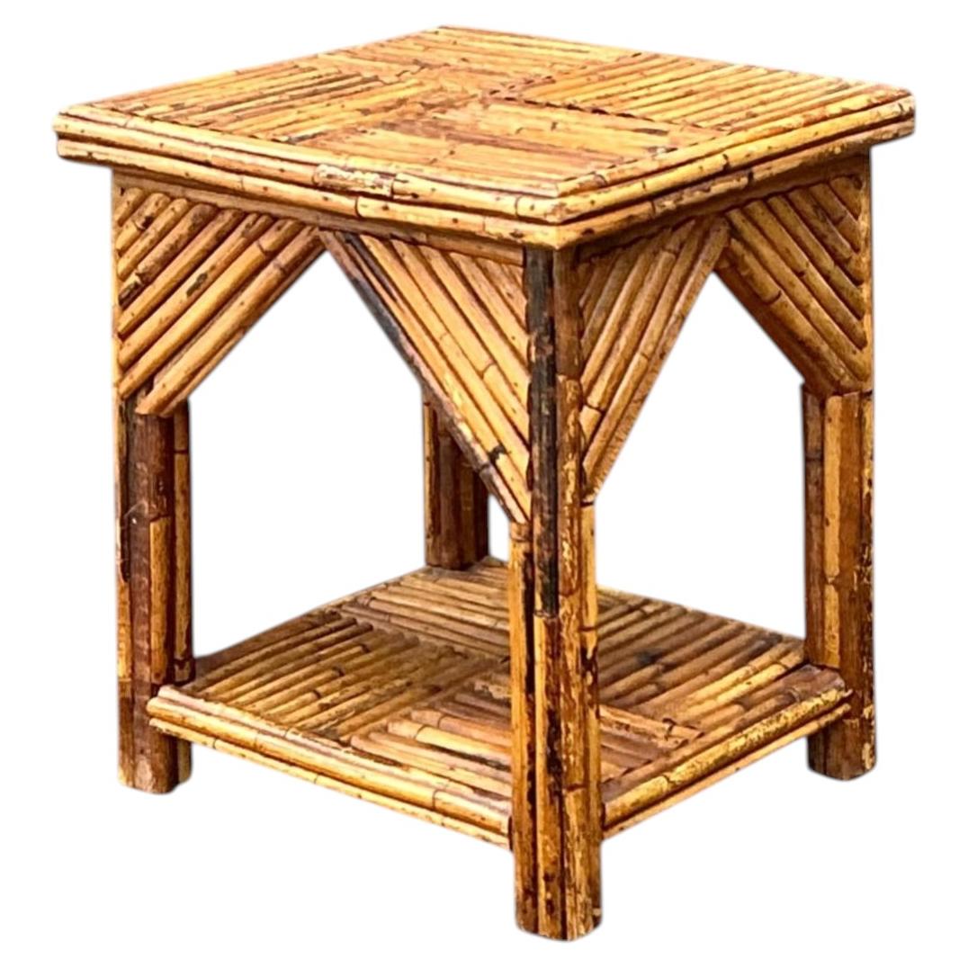 Rustic Reed and Wood Accent Table For Sale