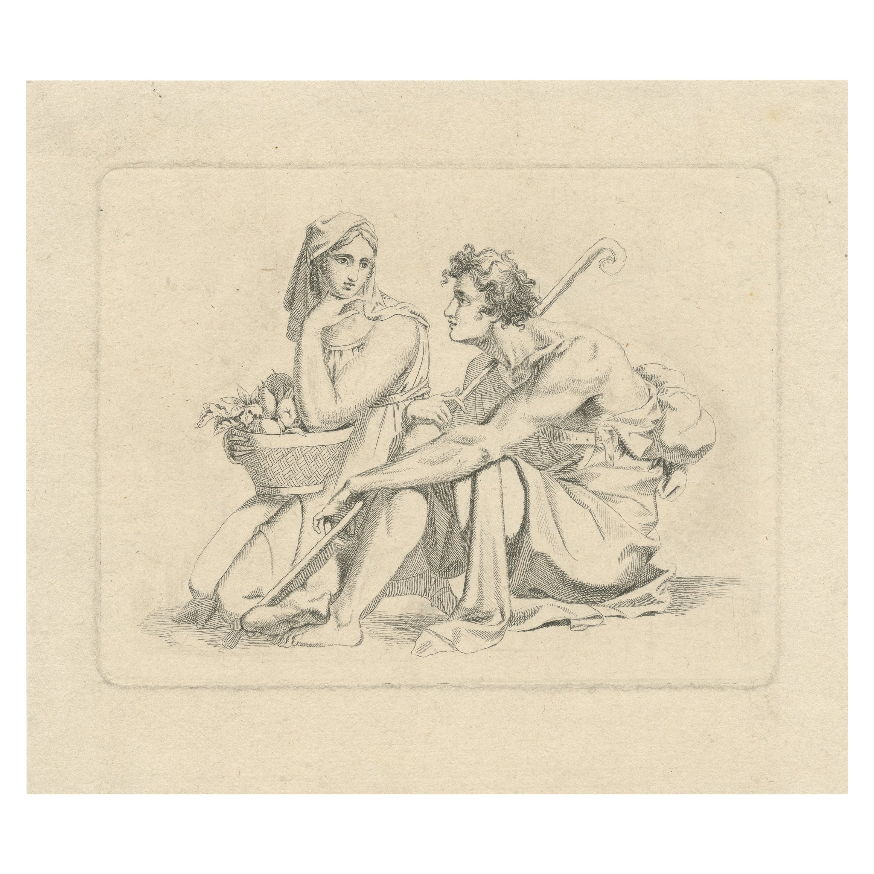Rustic Reflections: 1825 Peasant Scene Engraving by Ludwig Emil Grimm For Sale