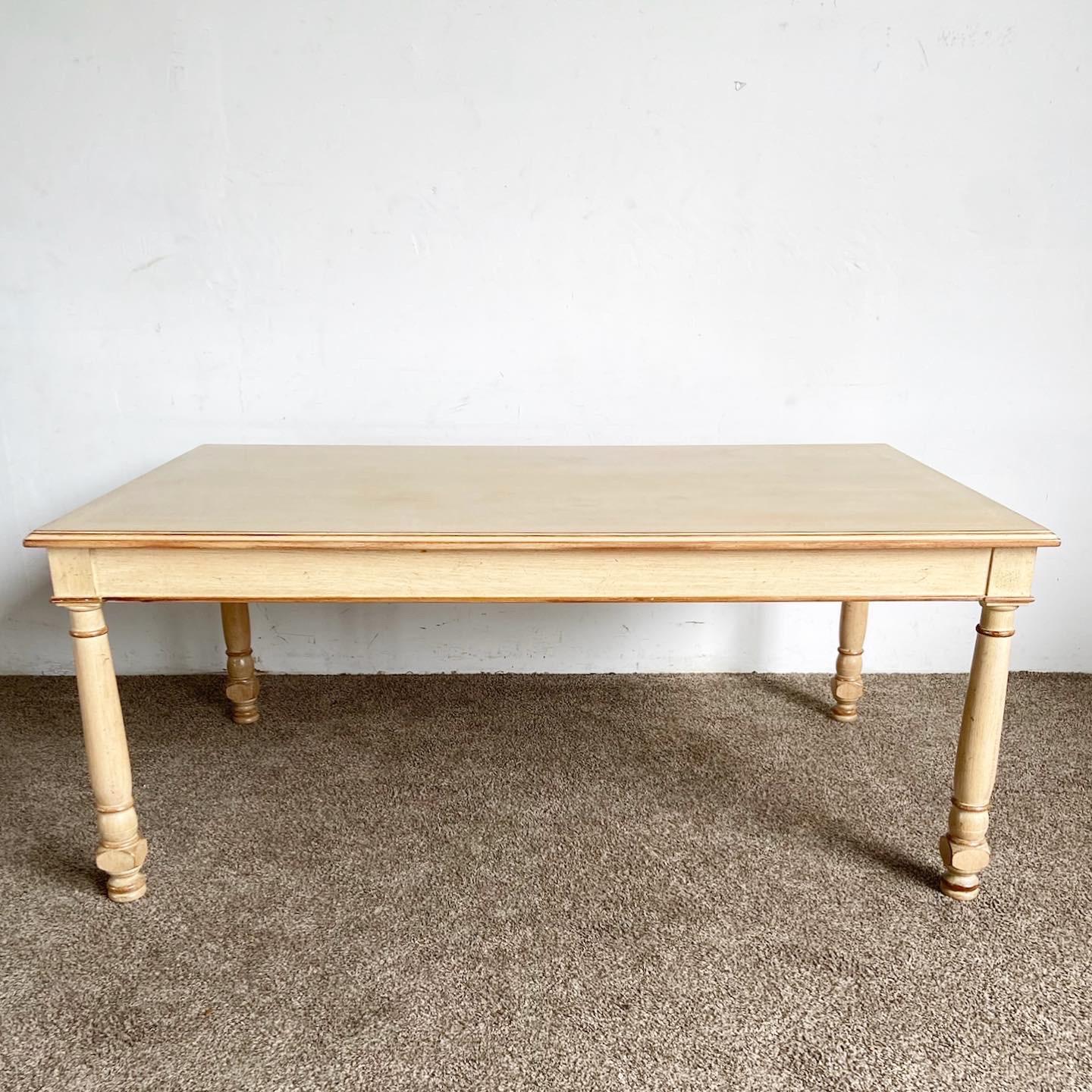 Our Vintage Regency White Wash Wooden Dining Table combines rustic charm with Regency elegance, perfect for any dining setting.

Features a white-washed finish with distressed accents, showcasing the wood's natural beauty.
Large enough for