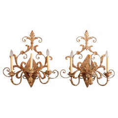 Antique Rustic Rococo 3-Light Tole Peinte Sconces