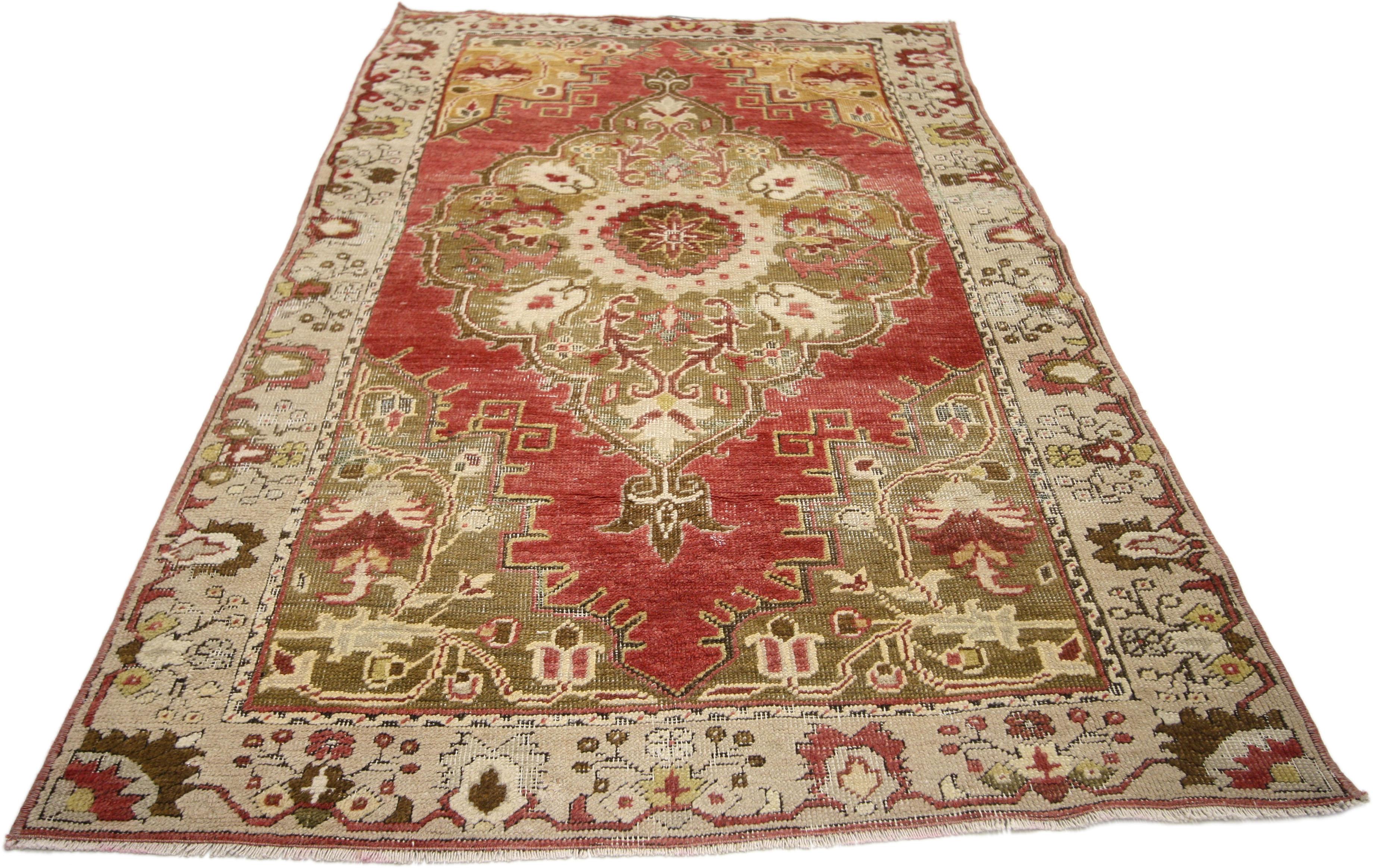 Hand-Knotted Rustic Rococo Style Distressed Vintage Turkish Oushak Rug, Entry or Foyer Rug For Sale
