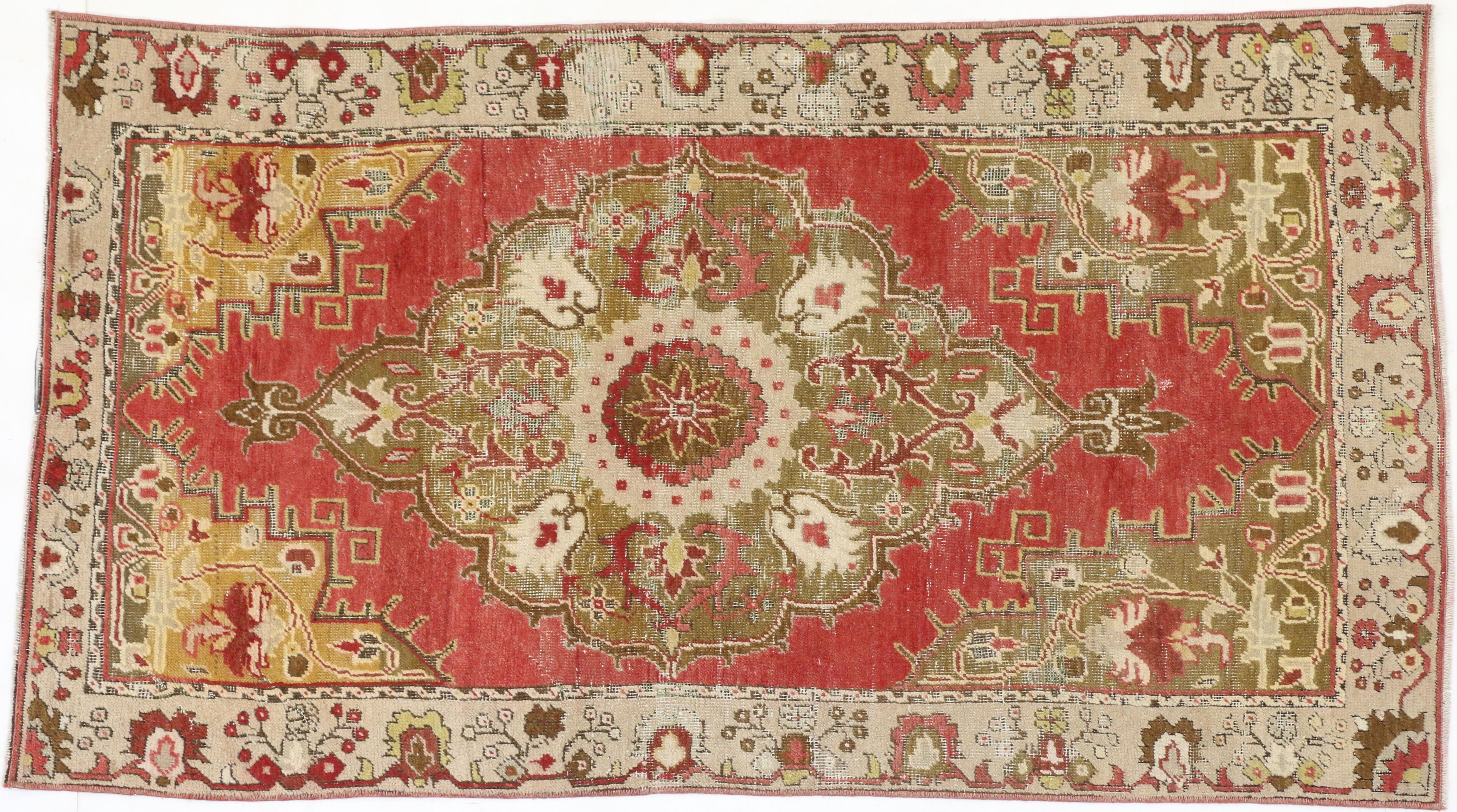 20th Century Rustic Rococo Style Distressed Vintage Turkish Oushak Rug, Entry or Foyer Rug For Sale