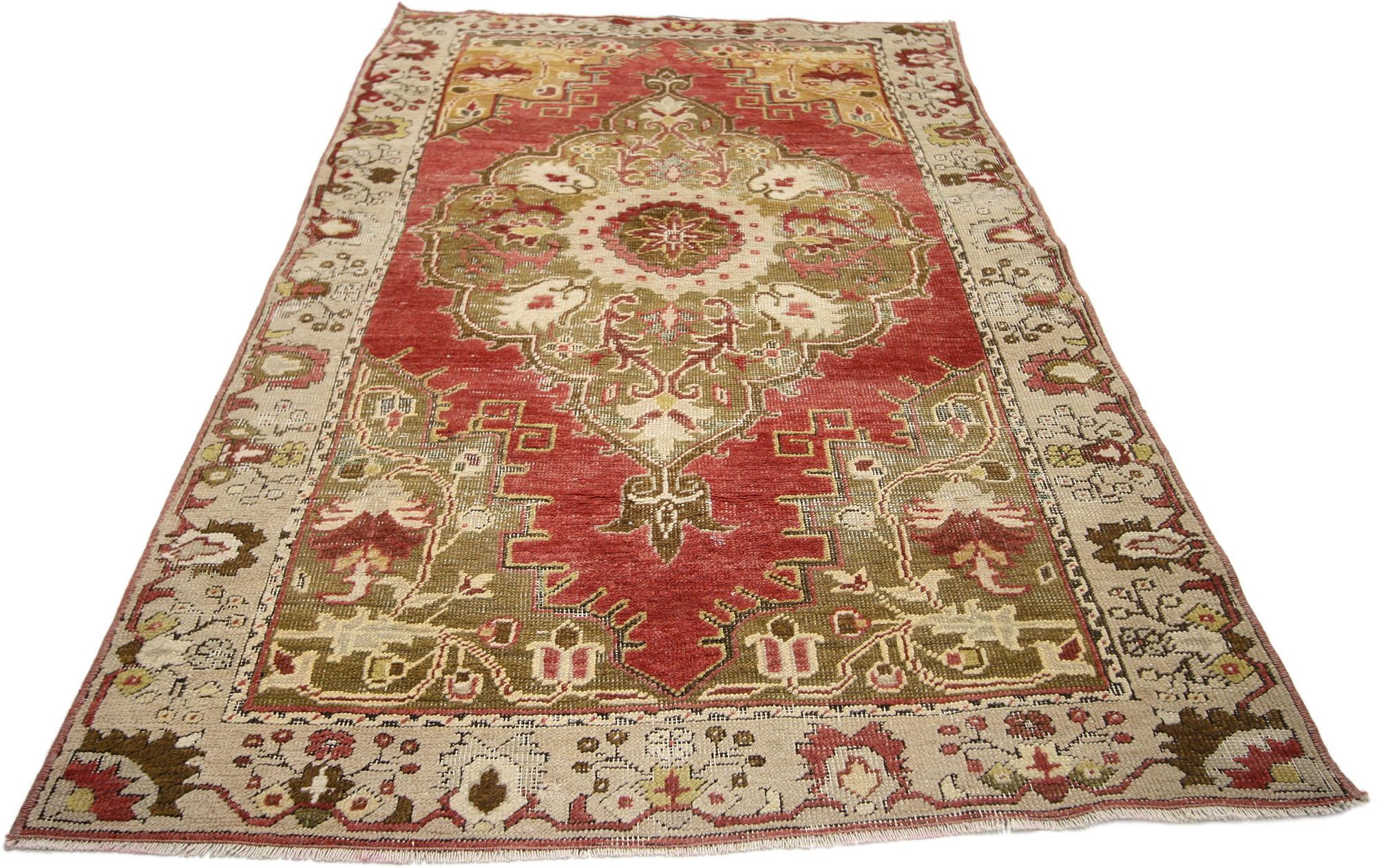 Rustic Rococo Style Distressed Vintage Turkish Oushak Rug, Entry or Foyer Rug For Sale 1