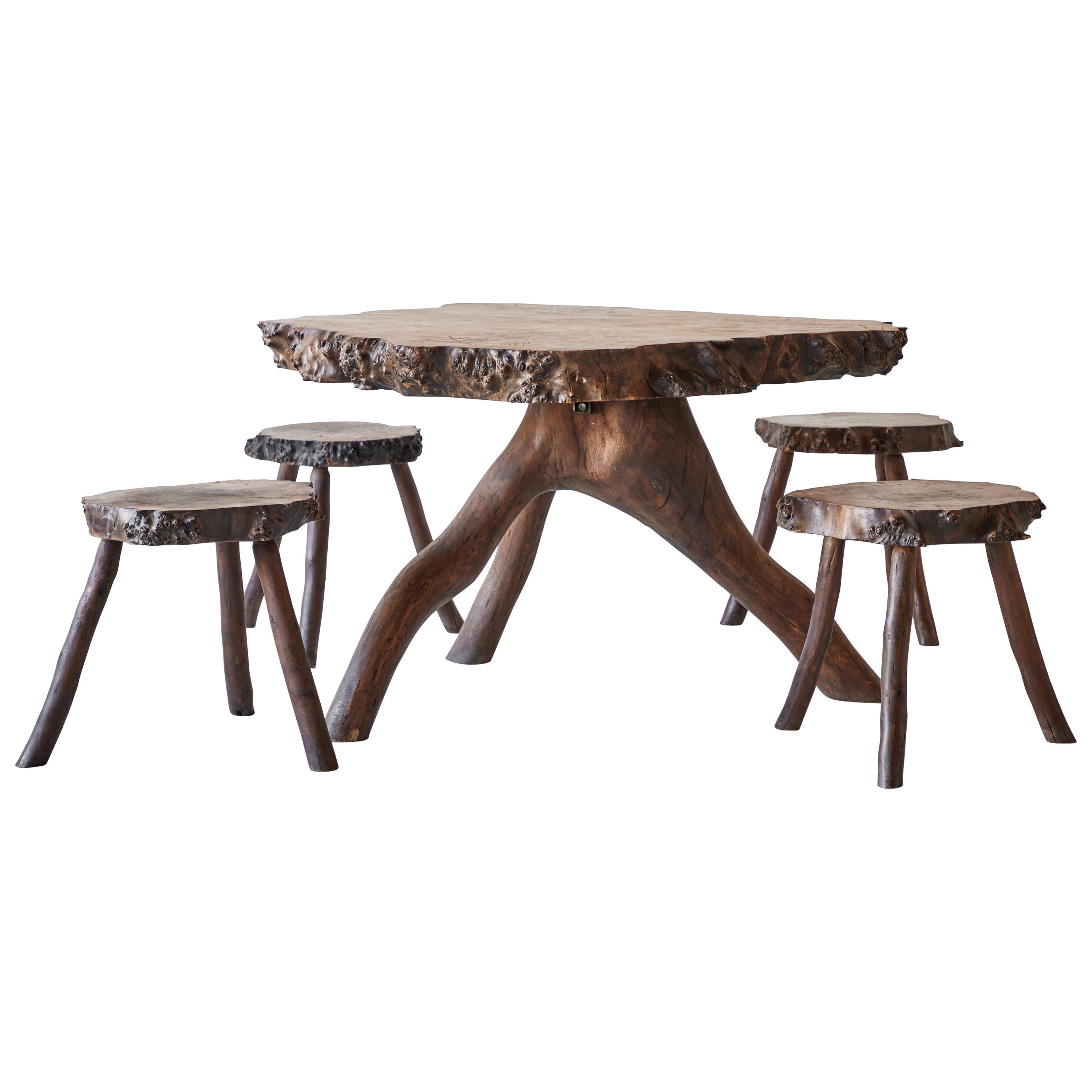 Rustic Root Table with Four Stools