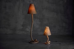 Lampada da terra rustica in corda con paralume in iuta, Francia, anni '70