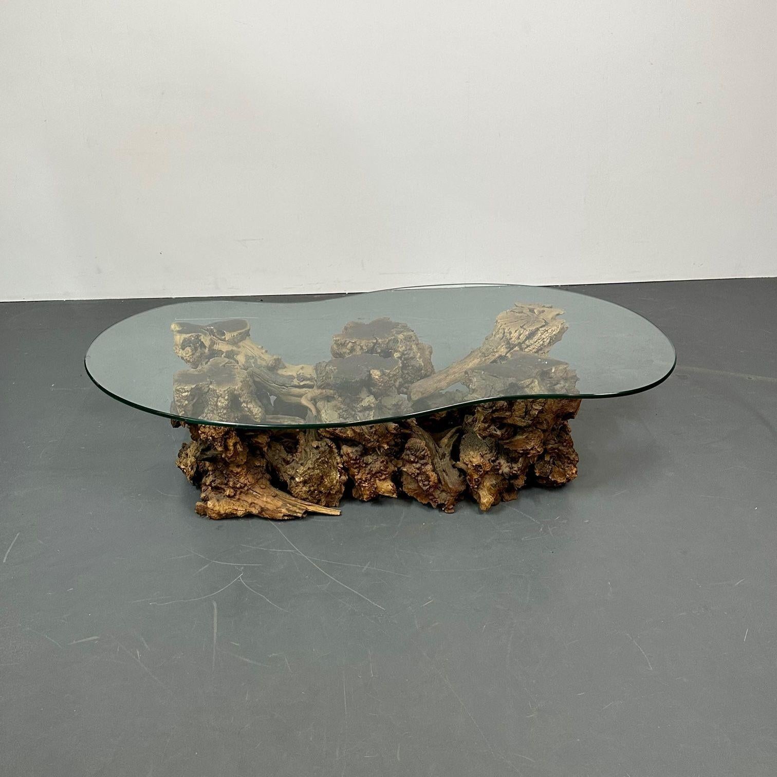 Verre Table basse rustique en bois de rose naturel, forme organique, mi-siècle moderne en vente