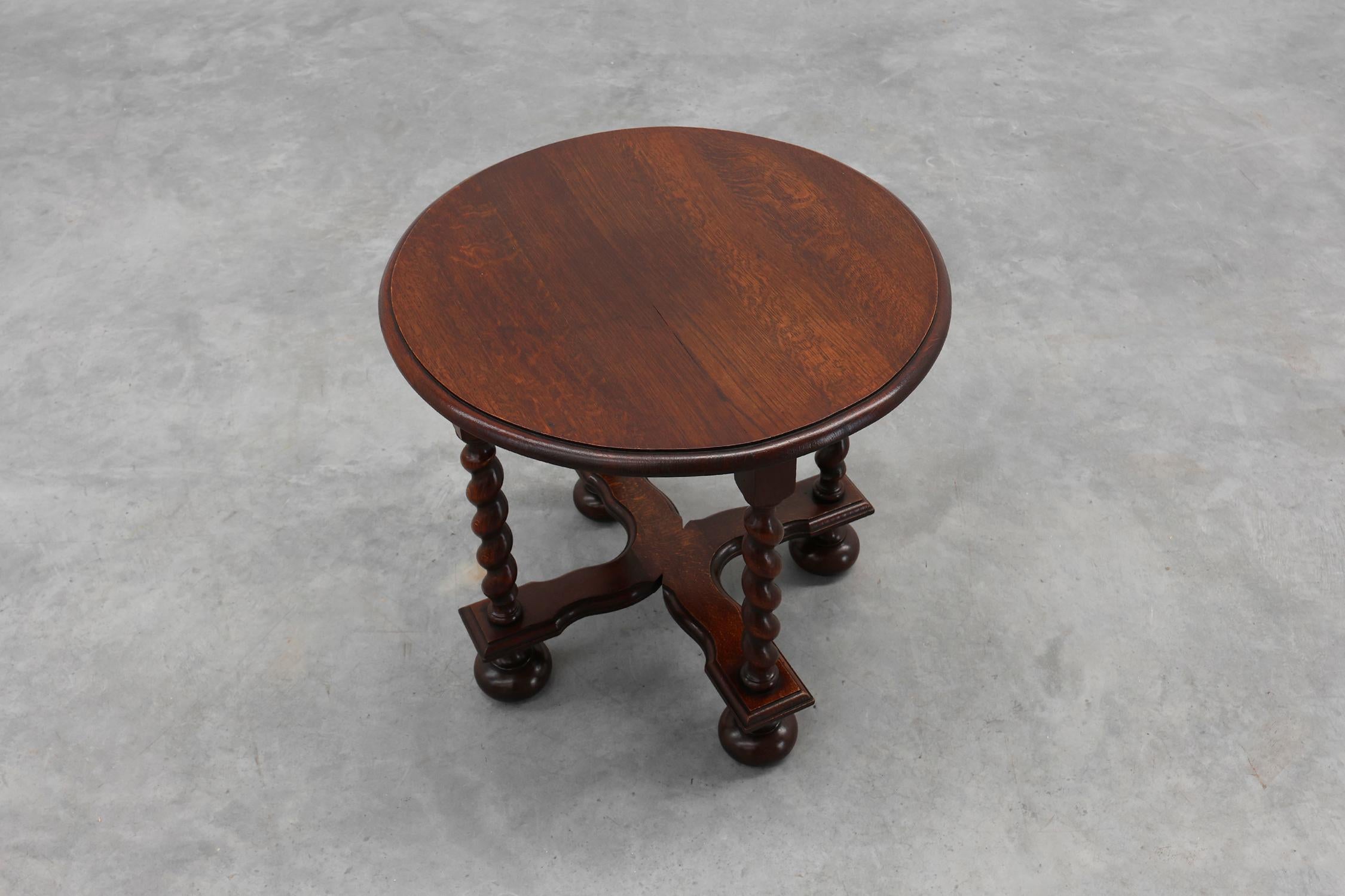 French Rustic round barley twist oak side table, France 1950s For Sale