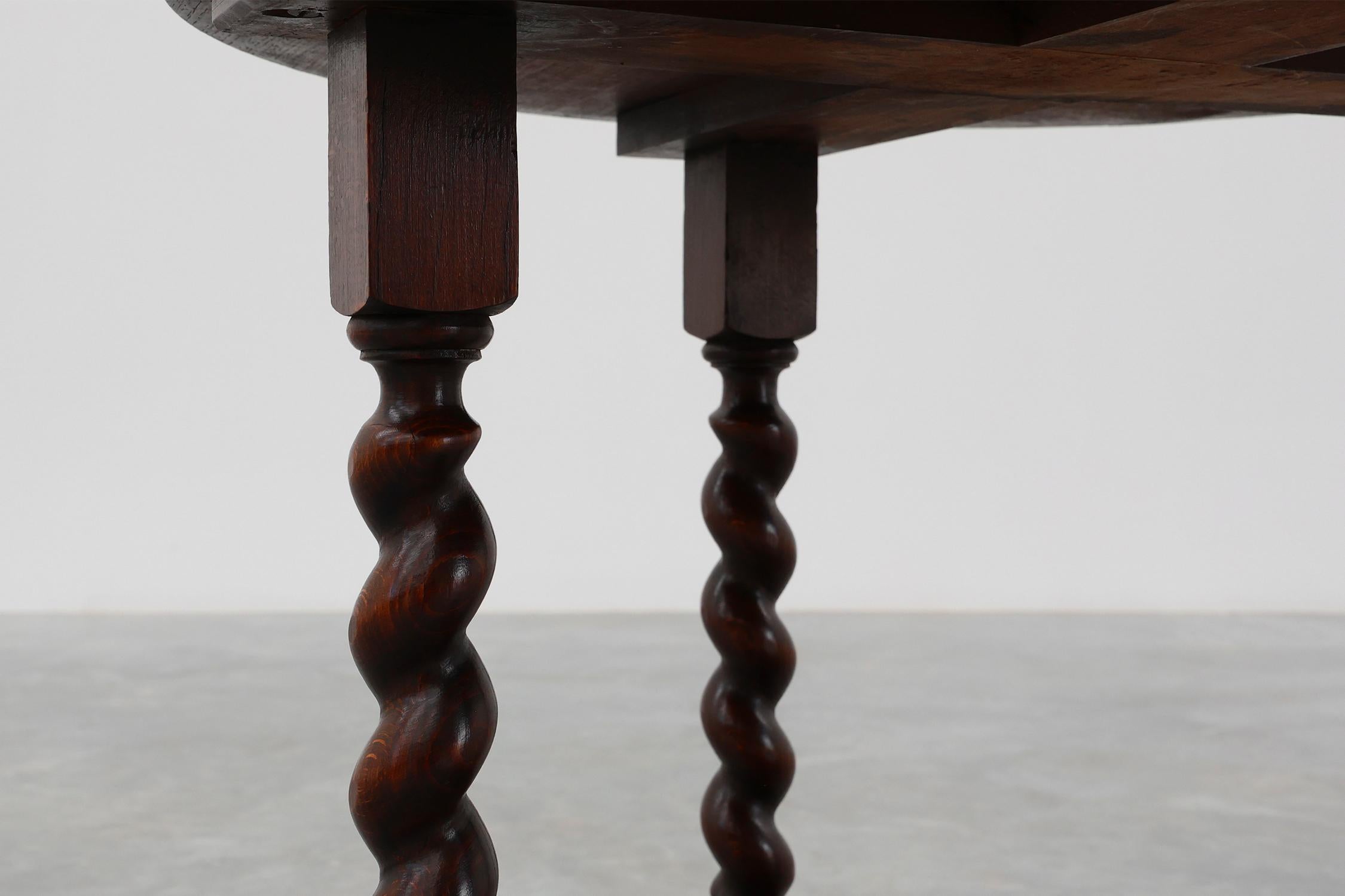 Oak Rustic round barley twist oak side table, France 1950s For Sale