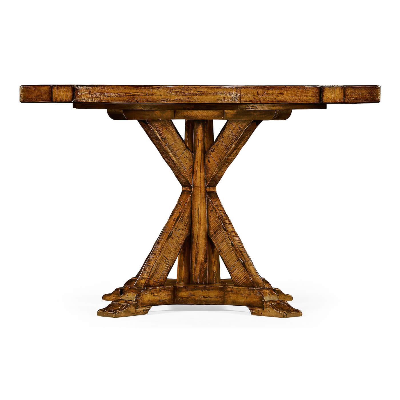 A round dining table finished in a warm walnut color with a rustic finish showing exposed saw marks and set on a bracketed country kitchen base.

Dimensions: 48