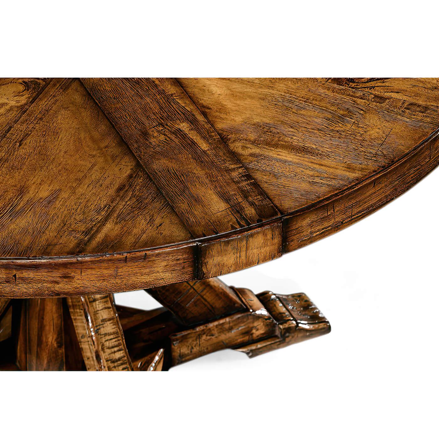 Country Rustic Round Dining Table, Walnut For Sale