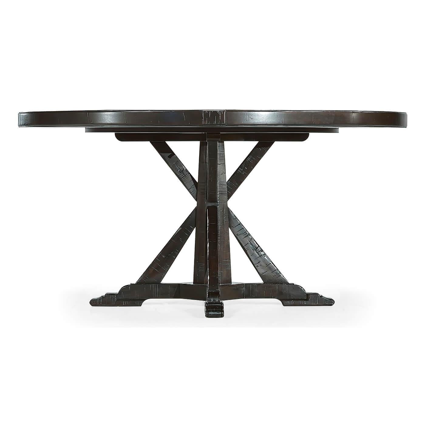 A round dining table finished in our dark ale color with a rustic finish showing exposed saw marks and set on a bracketed country kitchen base, the table also has a built-in self-storing Lazy Susan.

Dimensions: 60